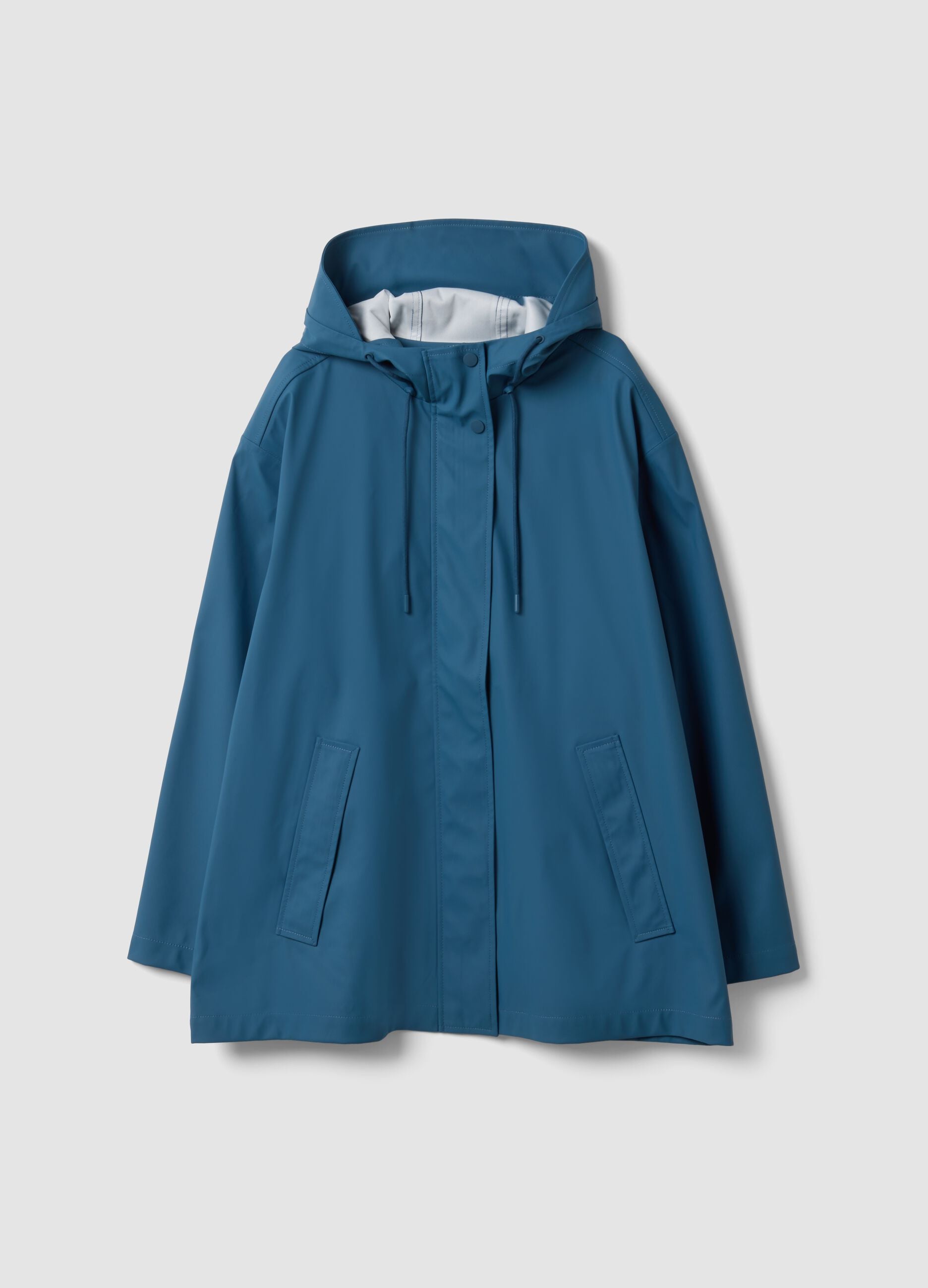 Blue hooded rain jacket with zip, regular fit
