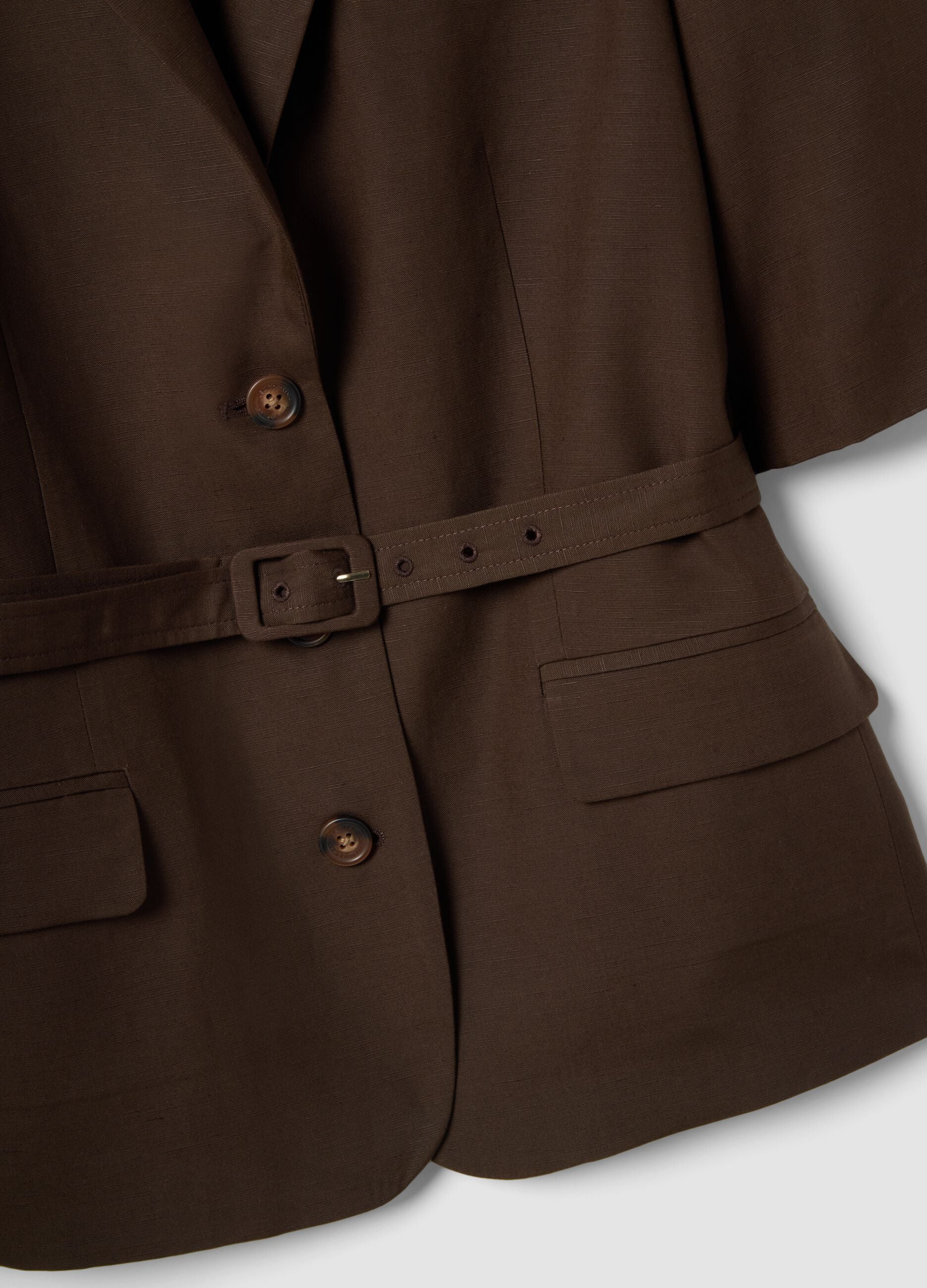 Brown regular fit lyocell and linen blend blazer with belt