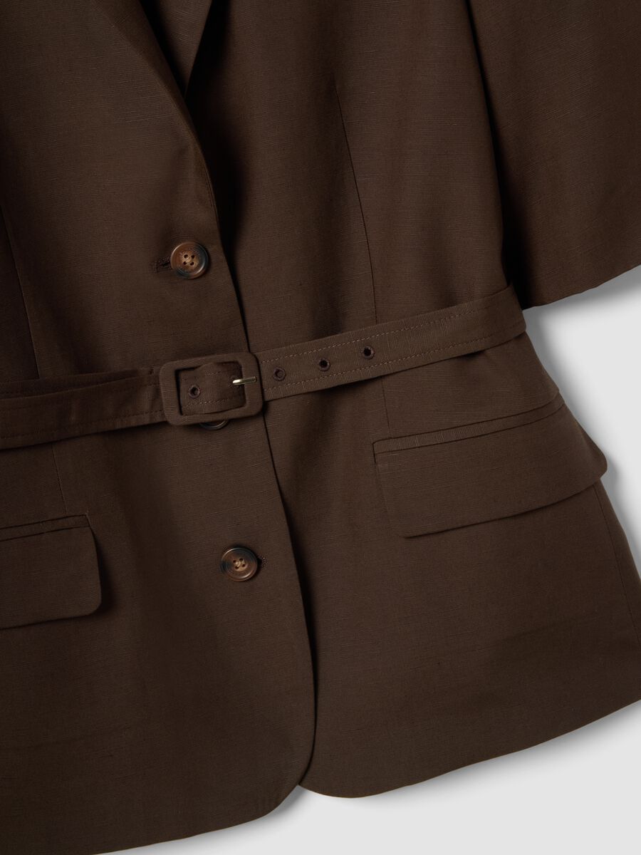 Brown regular fit lyocell and linen blend blazer with belt_5