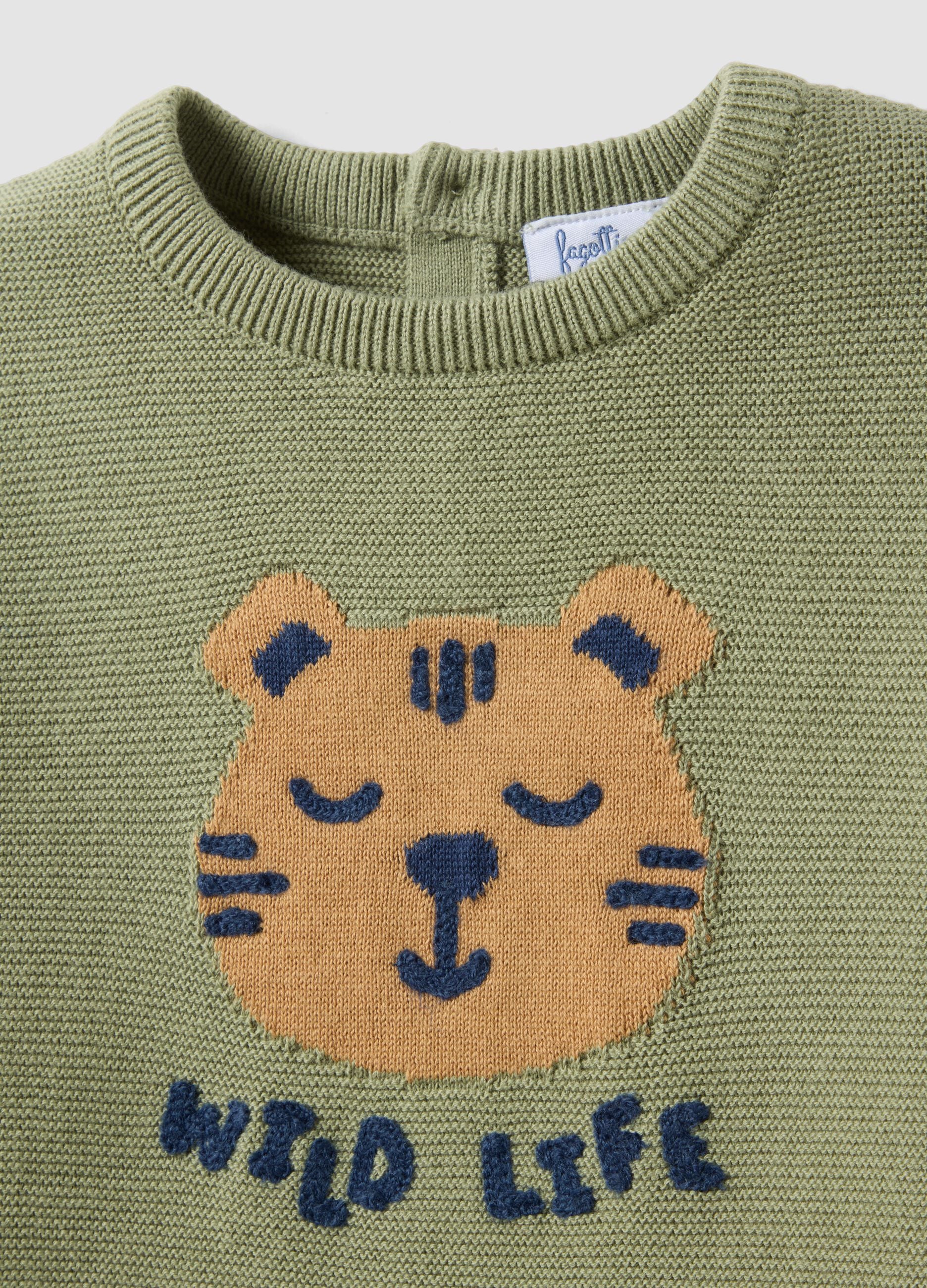 Children's green pure cotton regular fit jumper with tiger