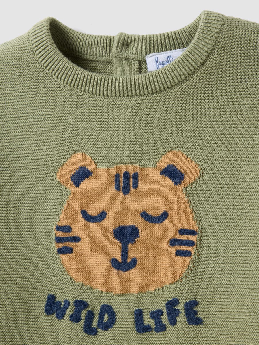 Maglione in puro cotone verde da bimbo regular fit con tigre_2