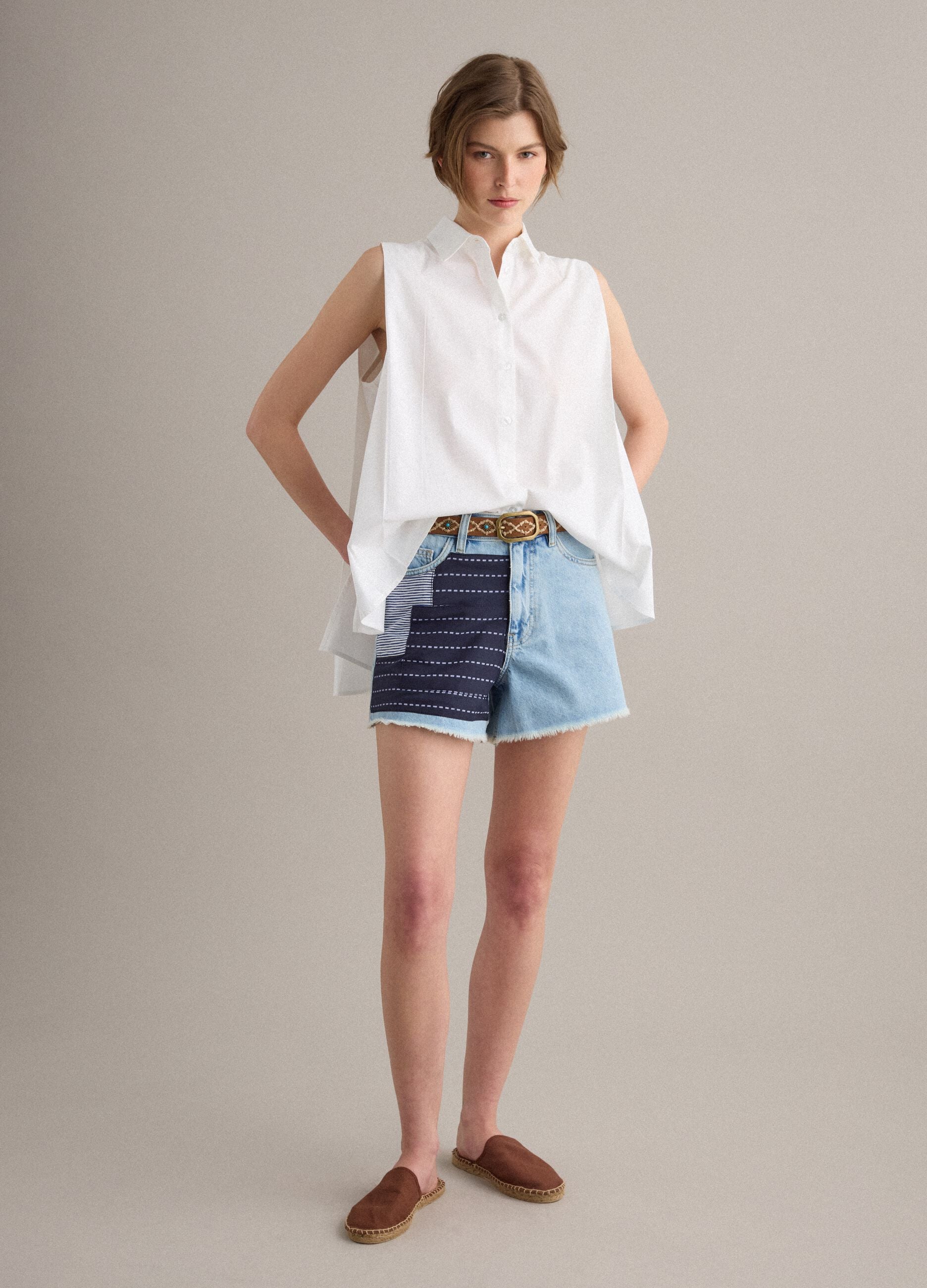 Light blue pure-cotton denim shorts with patchwork inserts