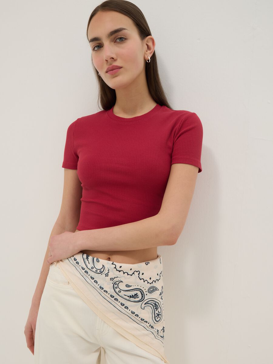 Red ribbed fitted stretch-cotton T-shirt_0