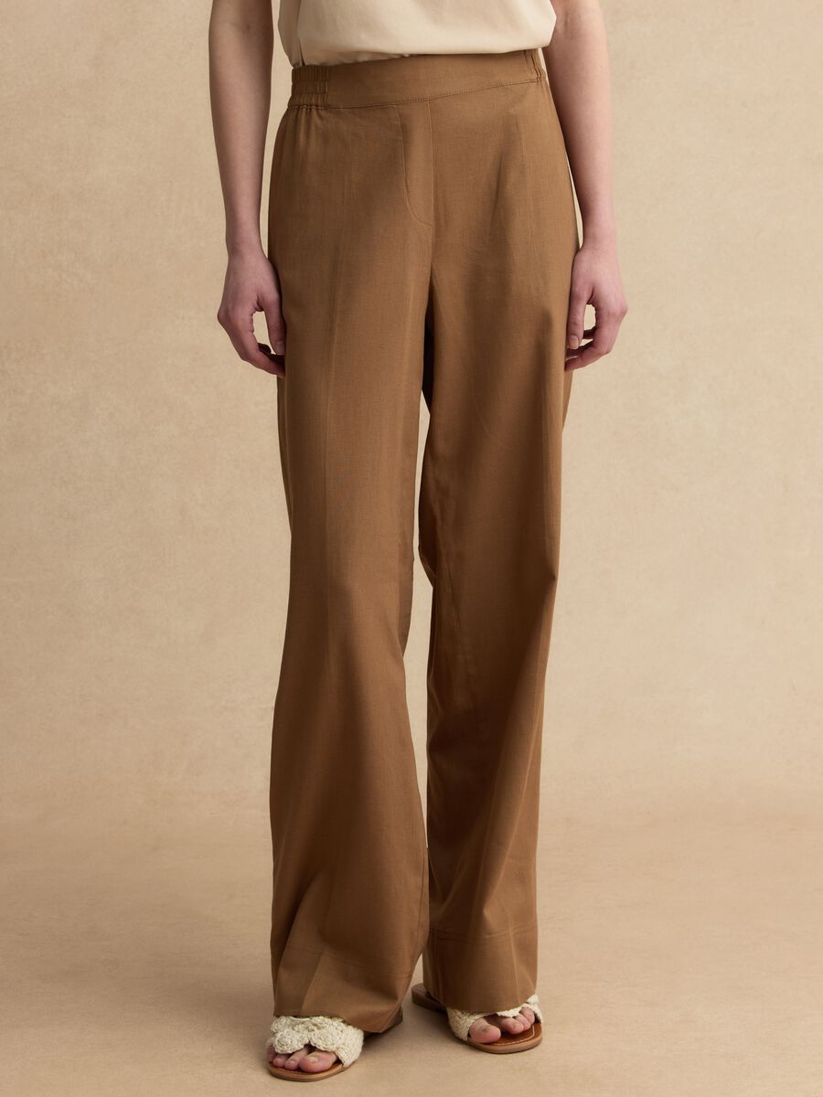 Brown wide leg linen blend trousers_1