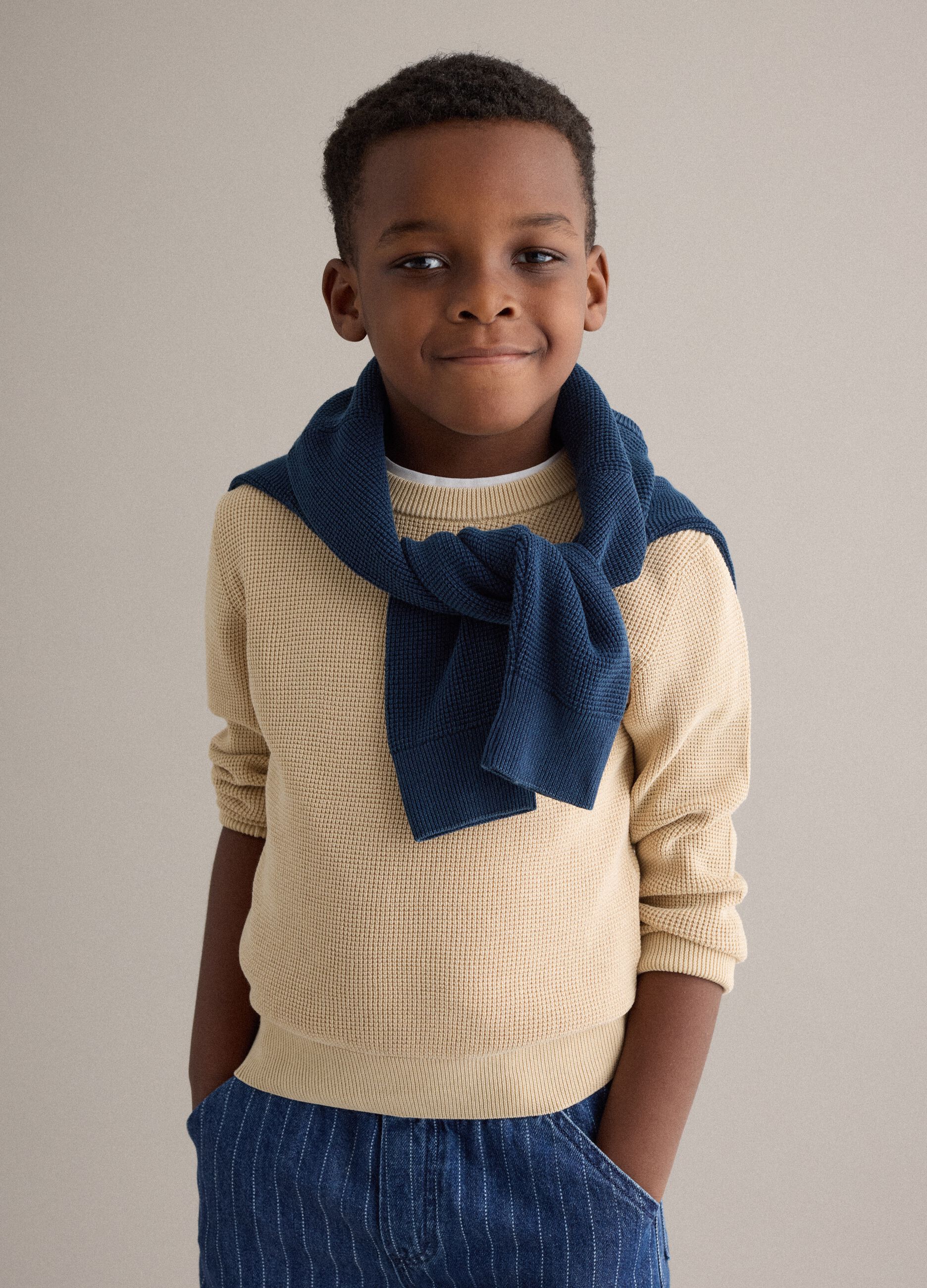Child's regular fit beige crew neck pure cotton jumper