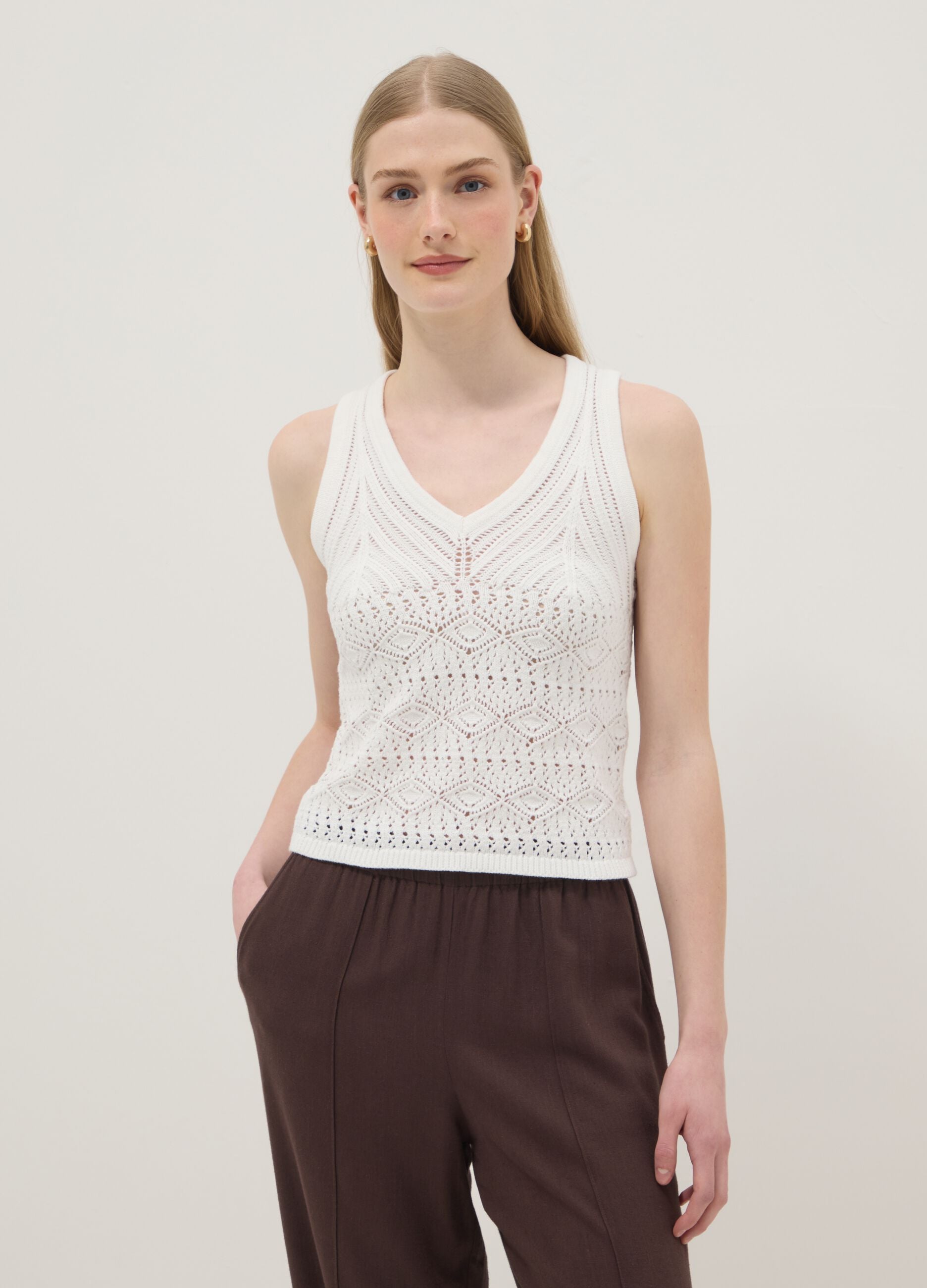 White pure cotton regular-fit tank top with openwork knit pattern