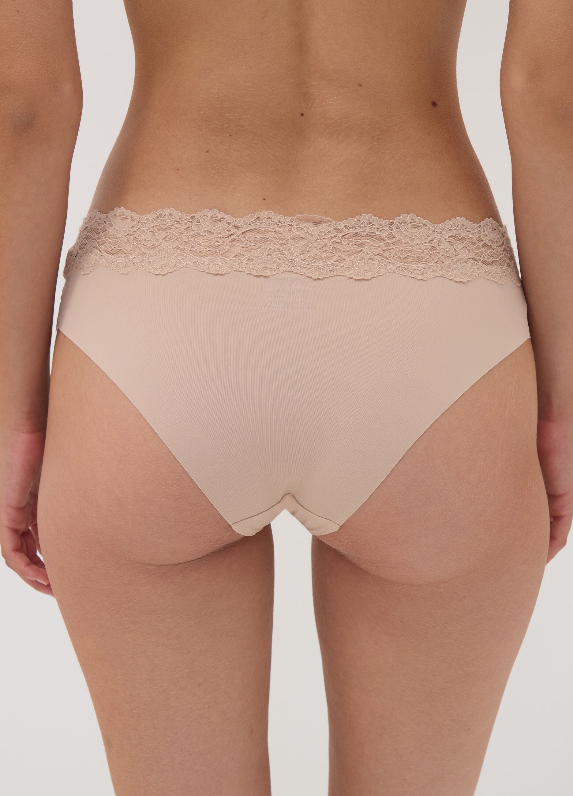 Beige stretch microfibre briefs with lace