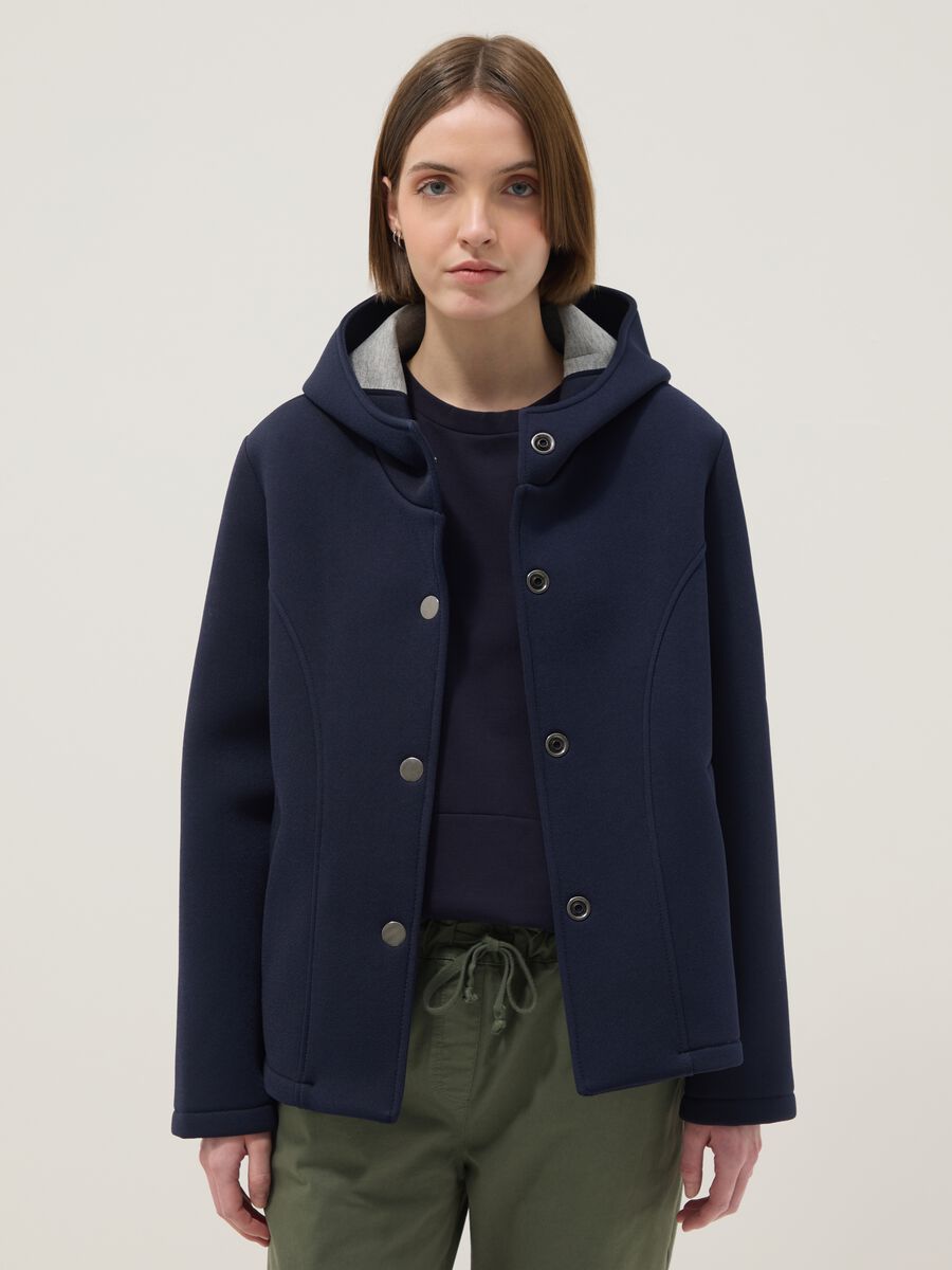 Blue regular fit jacket with hood and buttons_0