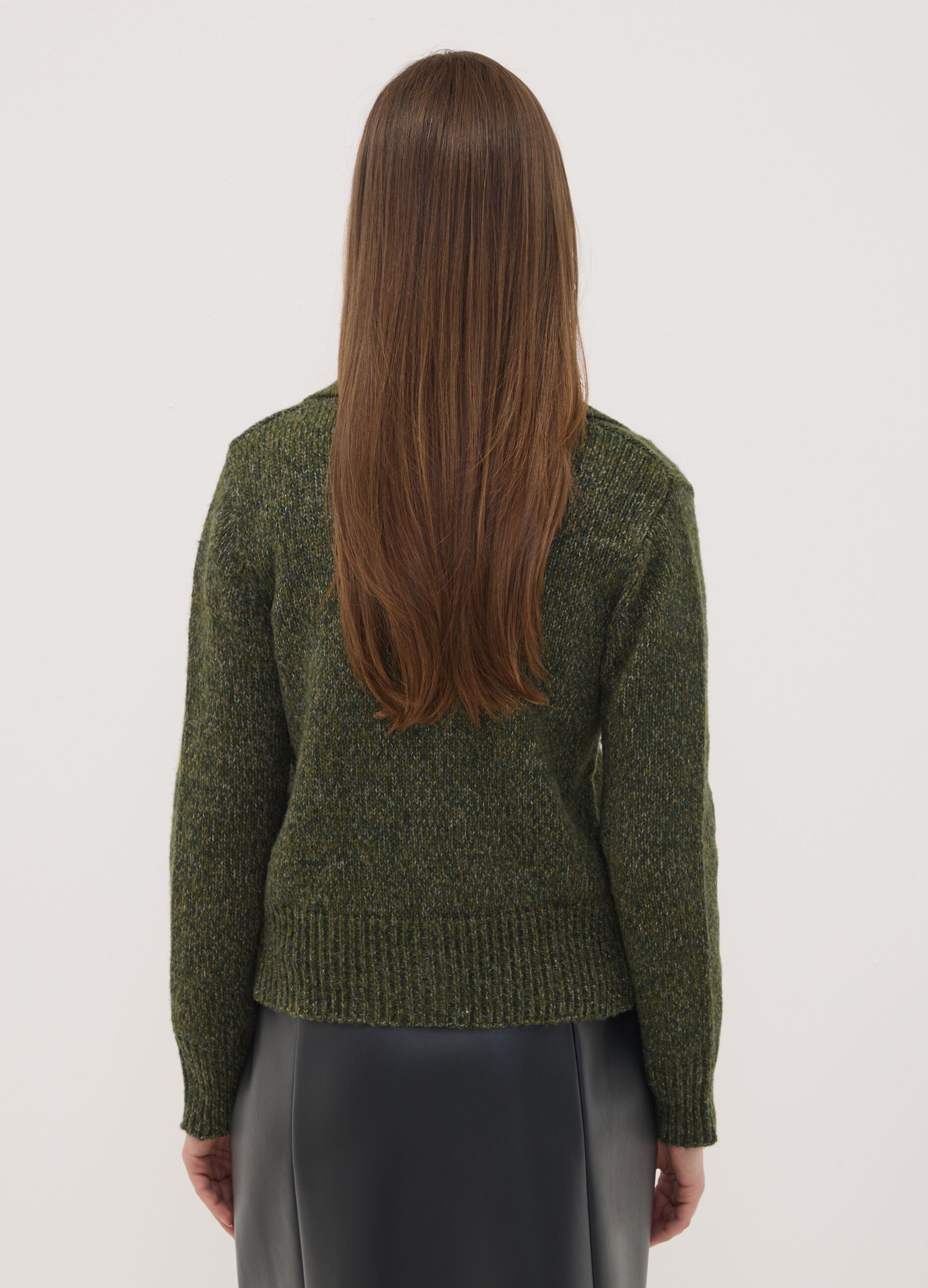 Green wool-blend cardigan with polo collar