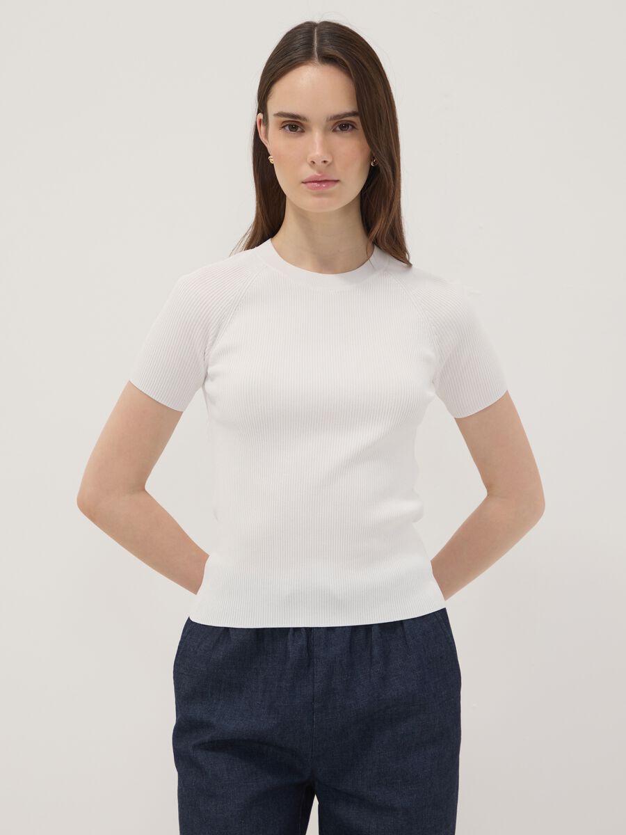 White ribbed fitted viscose-blend knit top_0