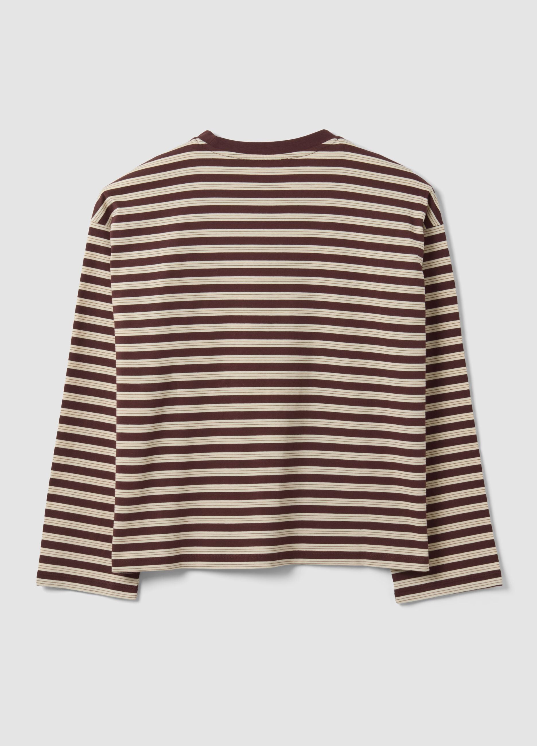 Brown striped pure cotton T-shirt with crew neck, relaxed fit