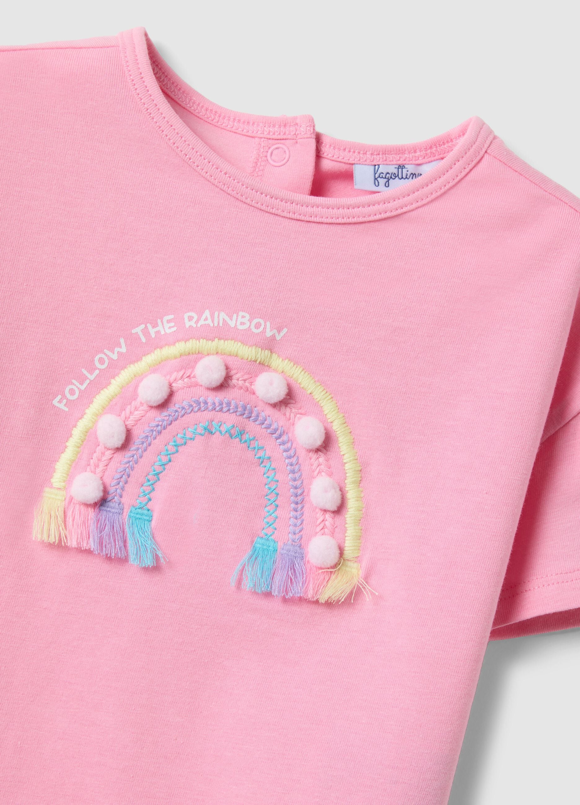 Pink stretchy cotton girl's T-shirt with rainbow embroidery