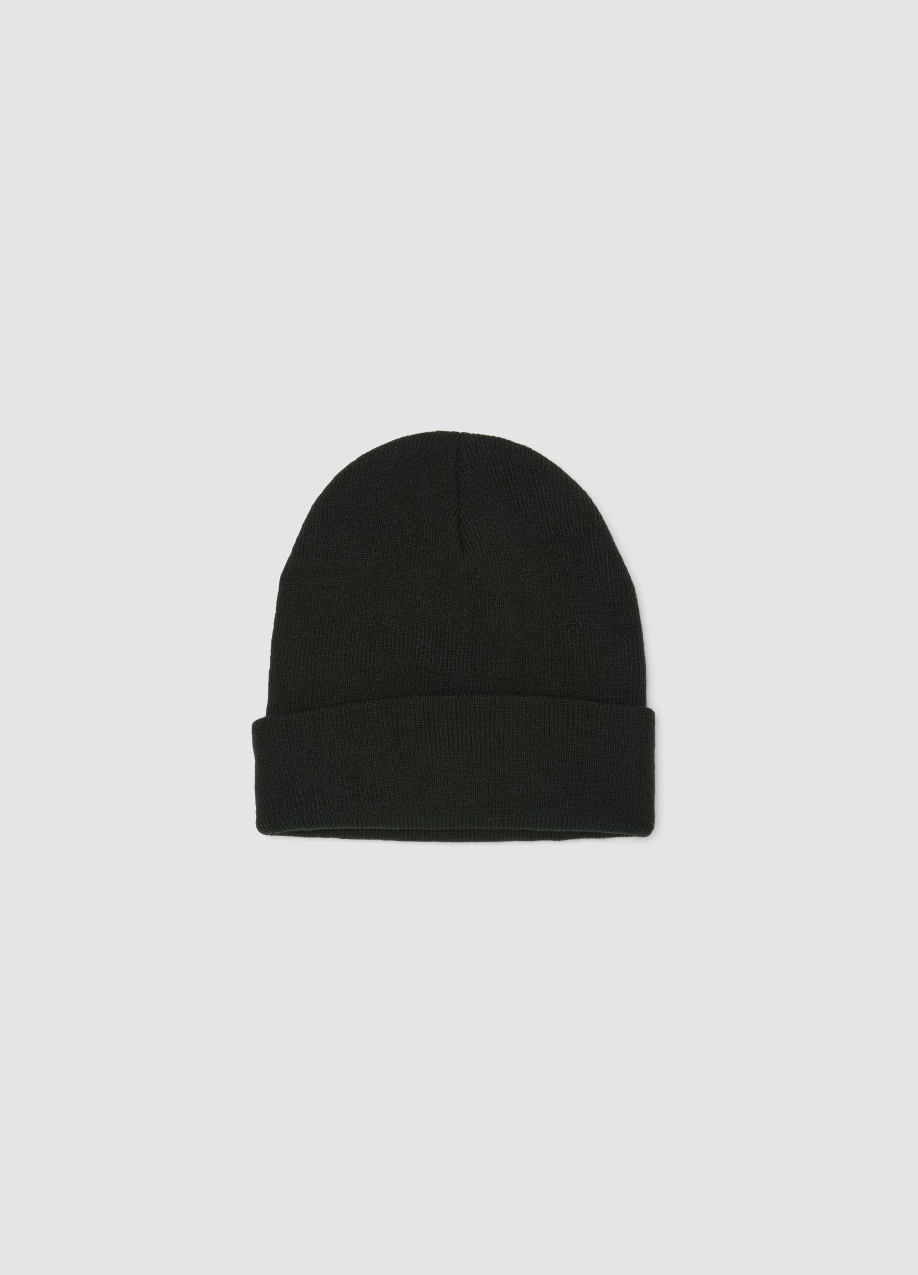 Black jersey knit beanie with turn-up cuff