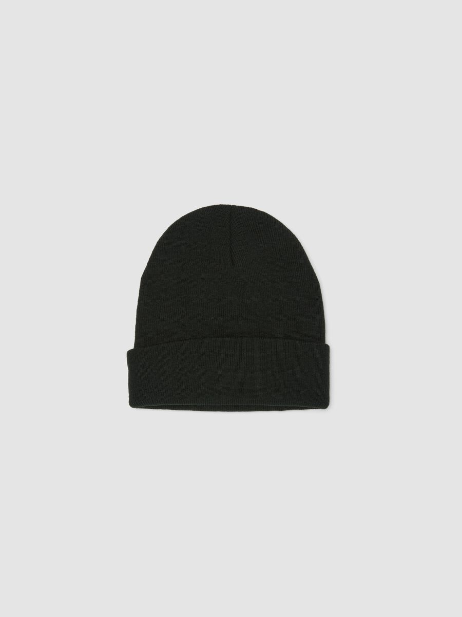 Black jersey knit beanie with turn-up cuff_0