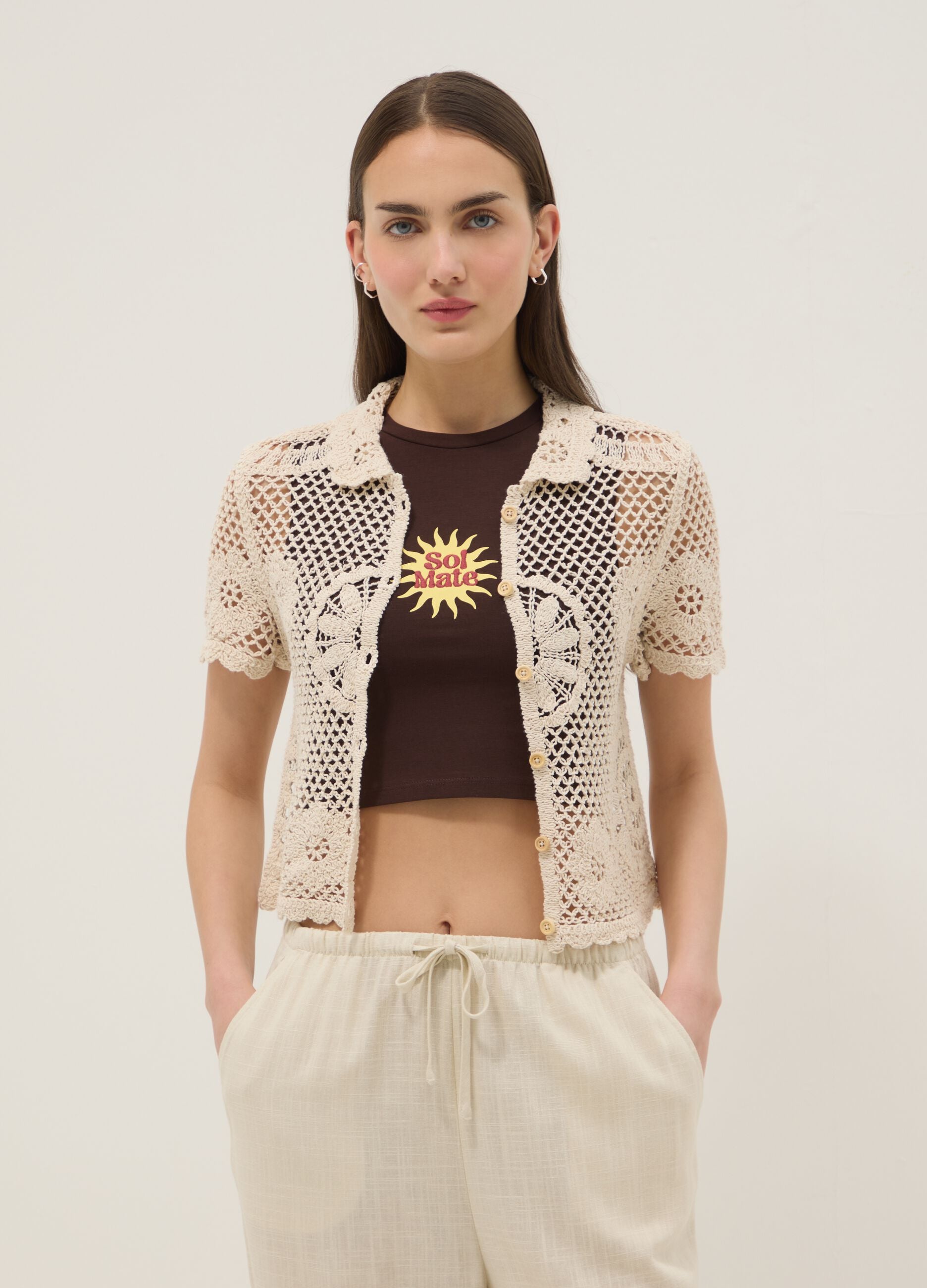 Beige cotton-blend regular-fit shirt with knitted detailing