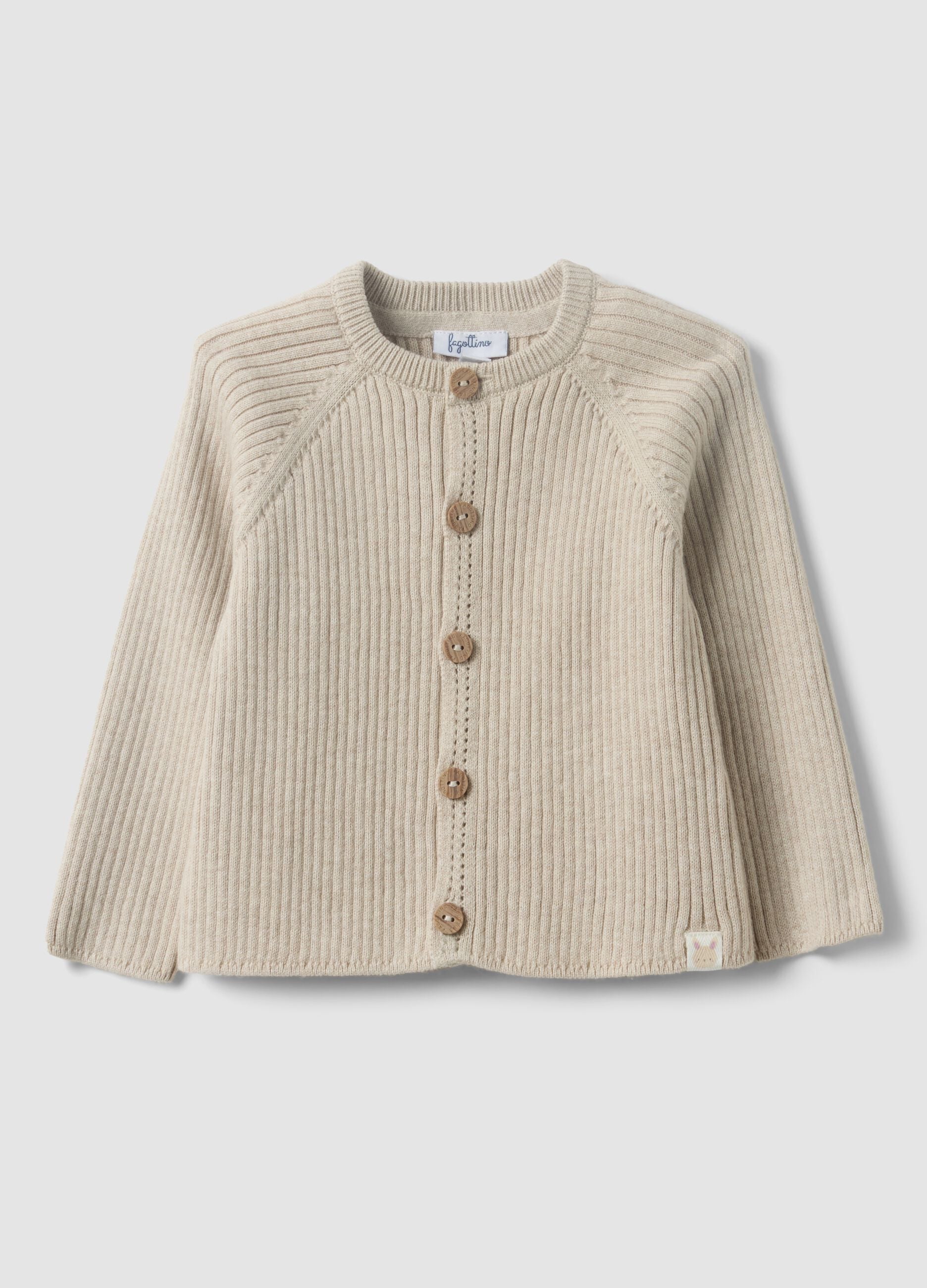 Beige pure organic cotton rib-knit cardigan for baby girl