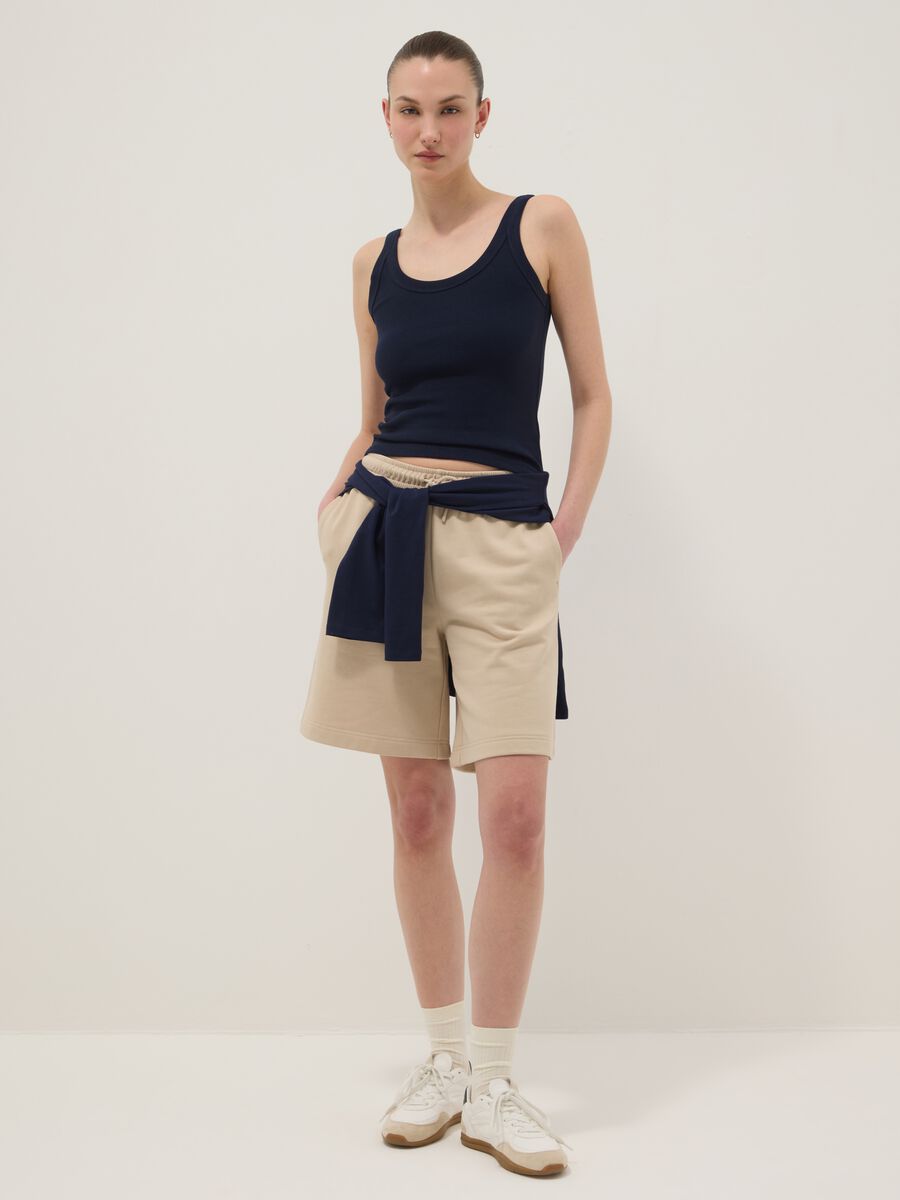 Beige cotton-blend regular-fit shorts with elasticated waist_0