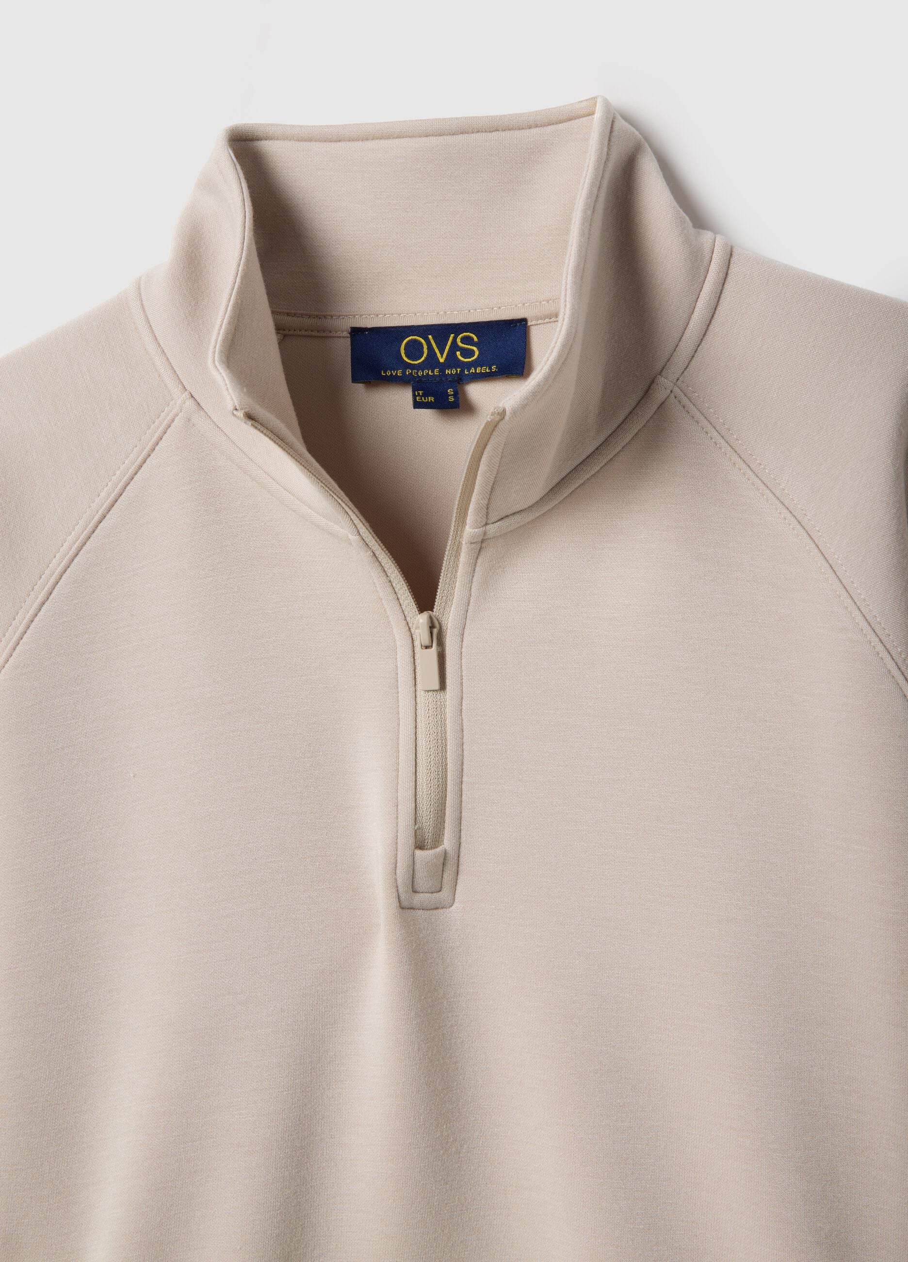 Beige regular fit modal blend sweatshirt with half zip