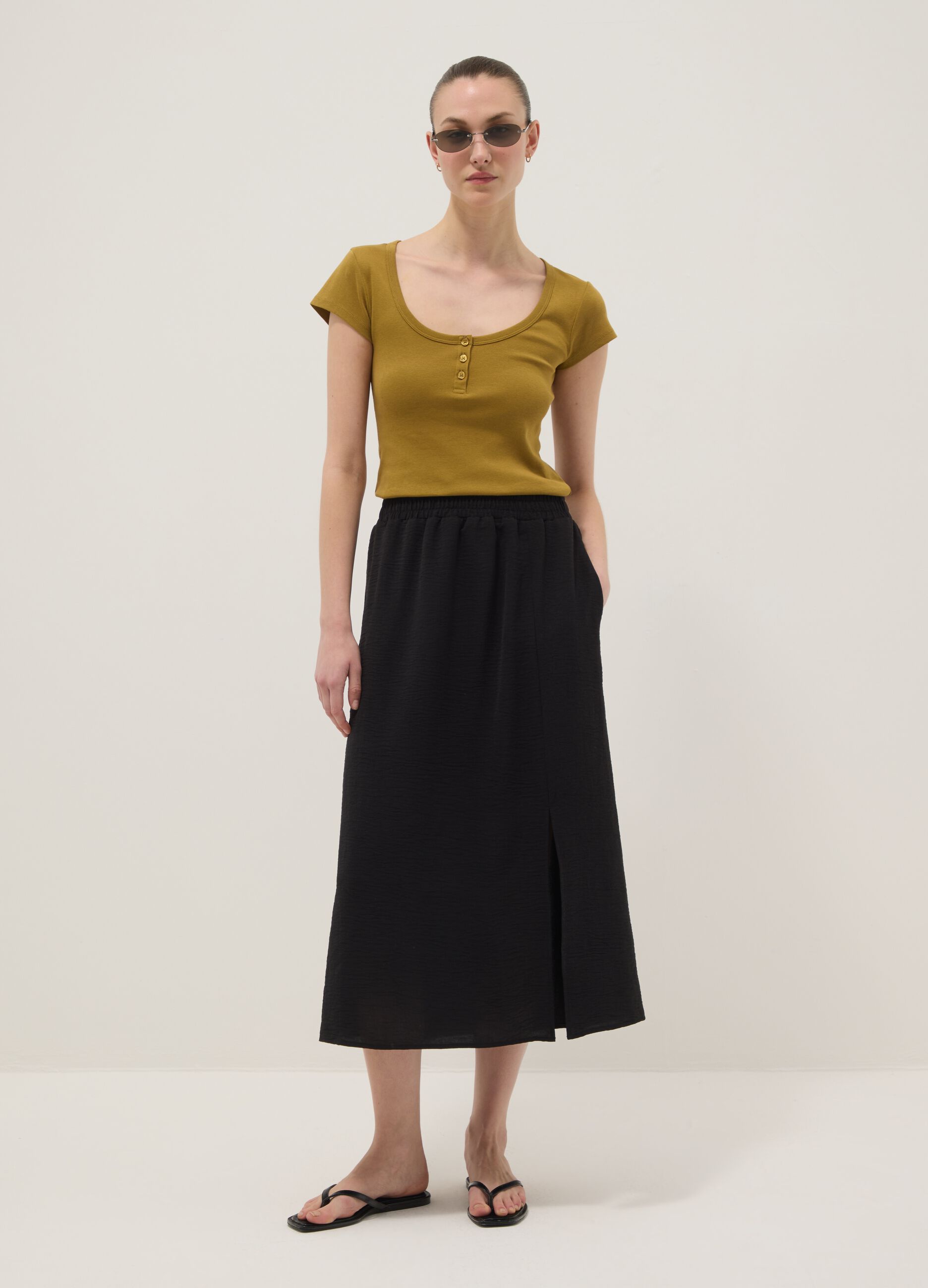 Yellow pure cotton regular fit T-shirt with deep henley neckline