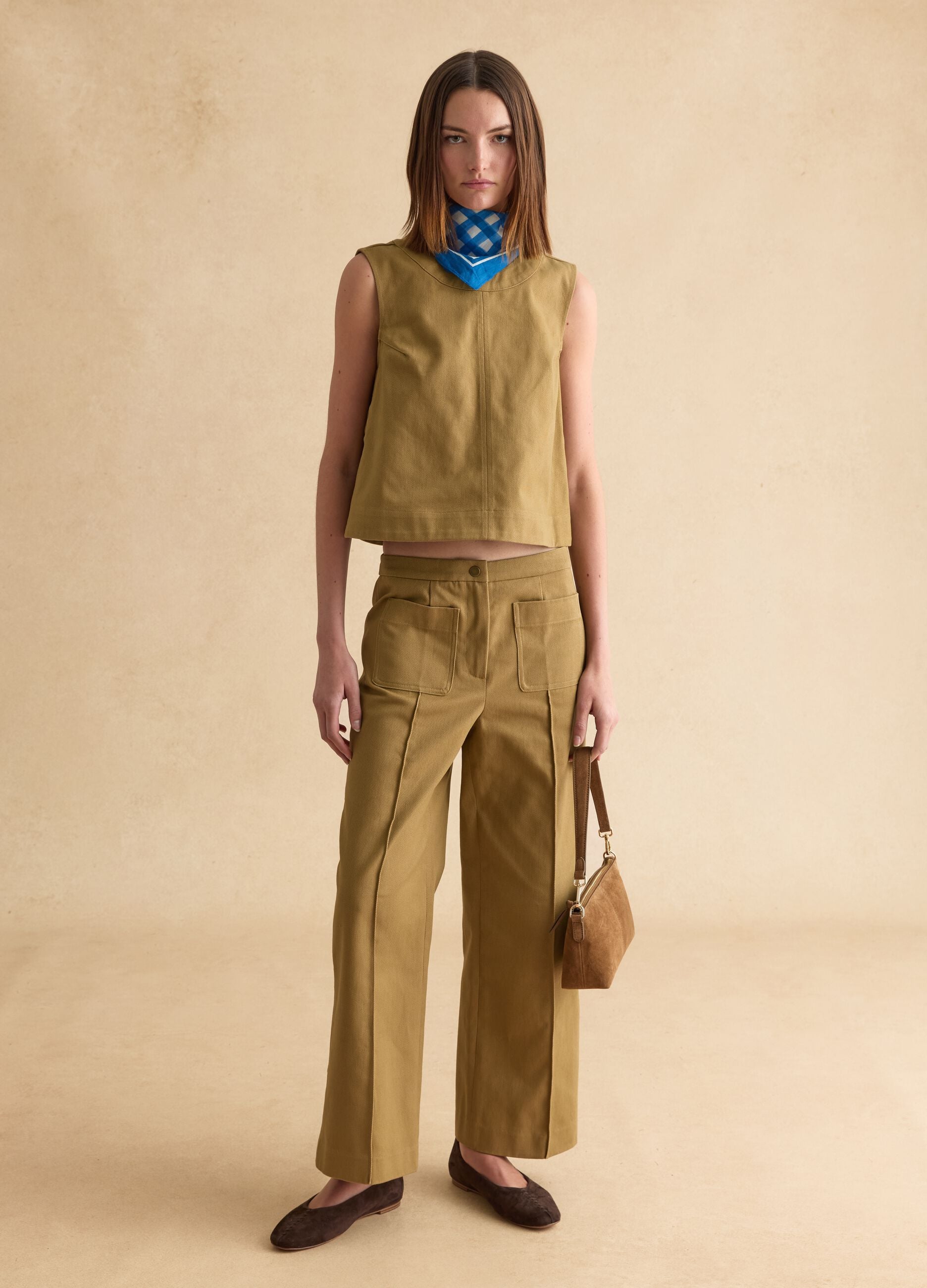 Brown Denim Sleeveless Blazer in Pure Cotton Regular Fit