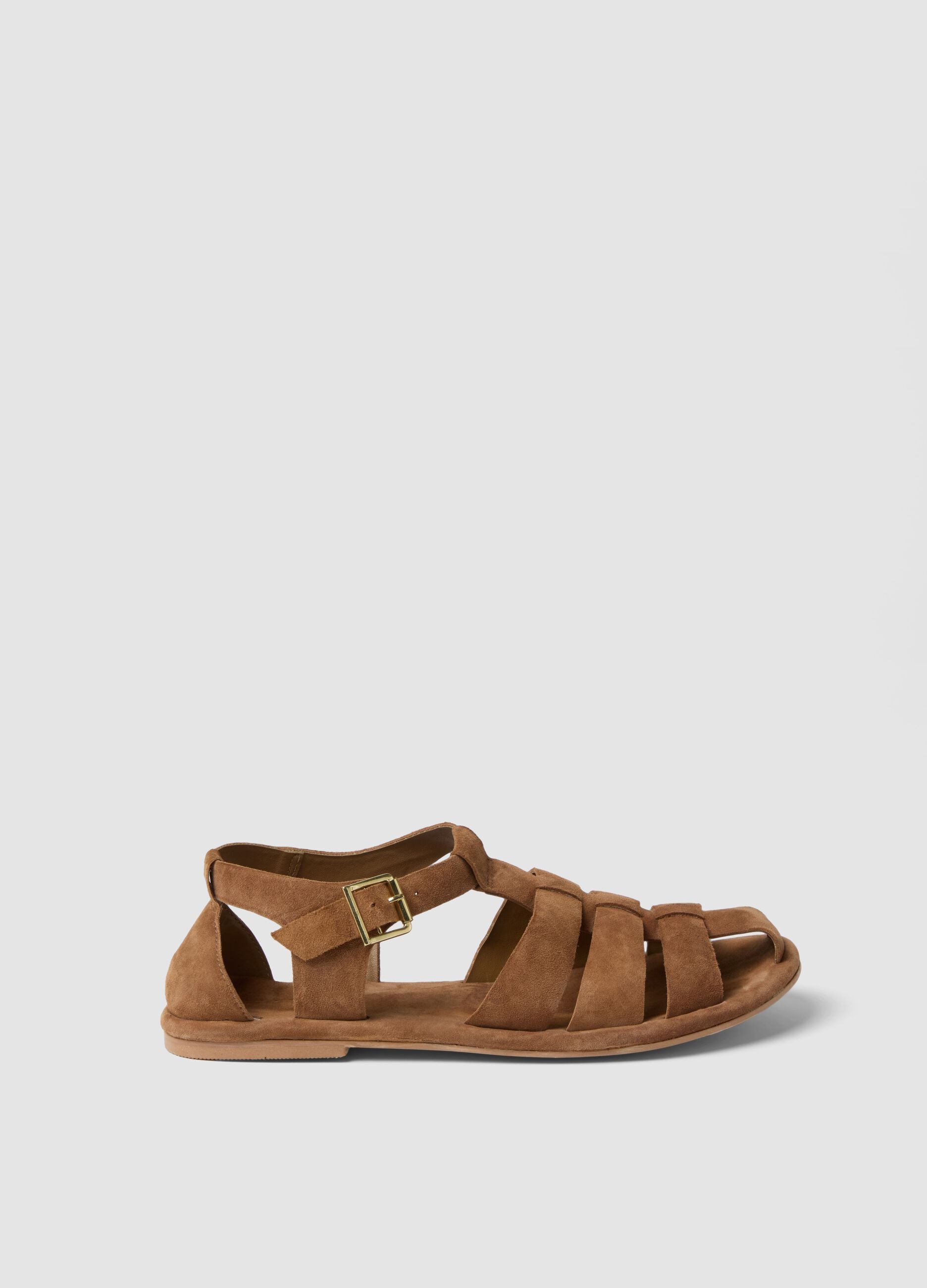 Brown flat genuine leather sandals with buckle