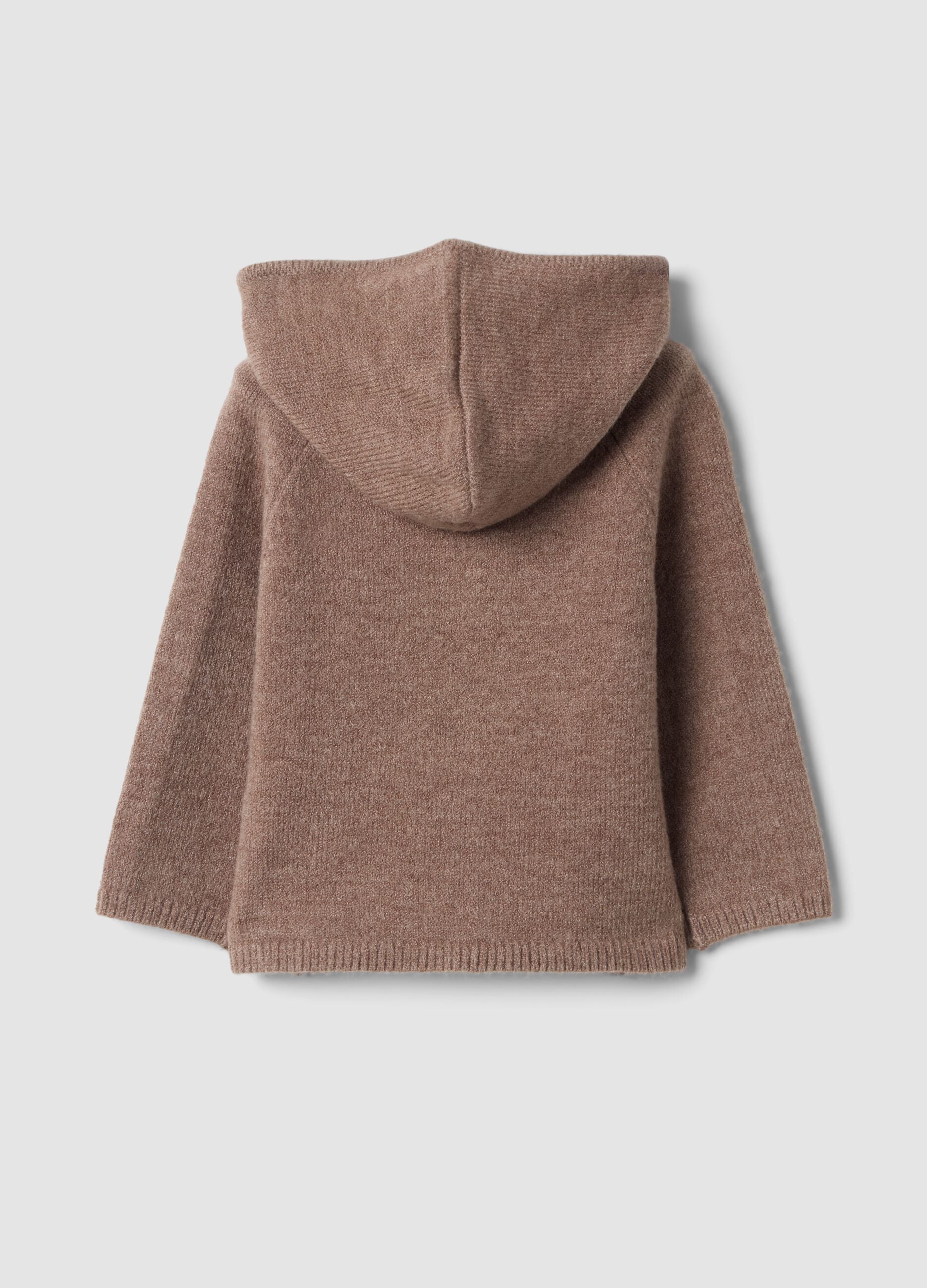 Brown knitted cardigan with crew neck and hood