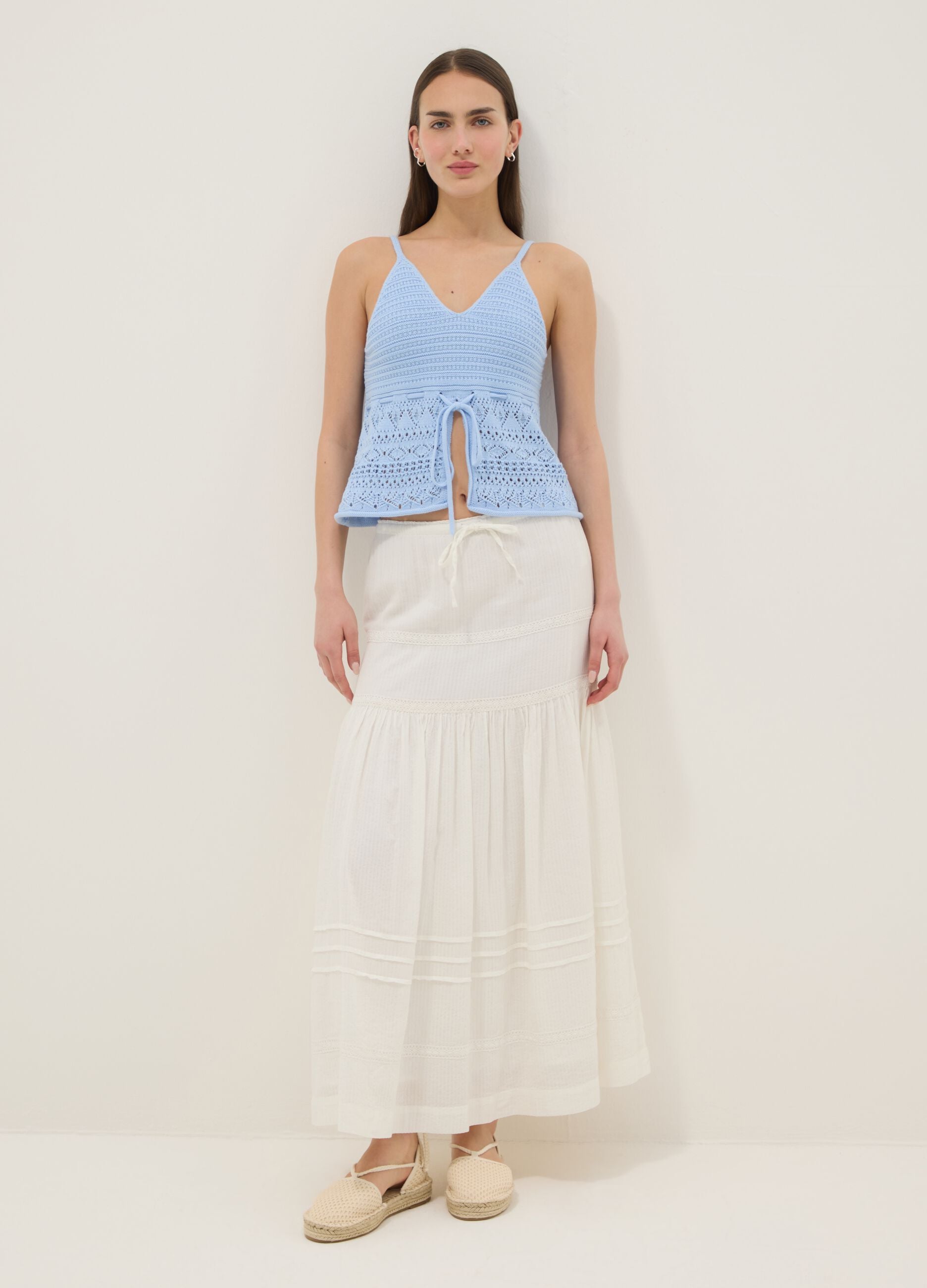 Sky-blue pure cotton regular-fit top with openwork texture