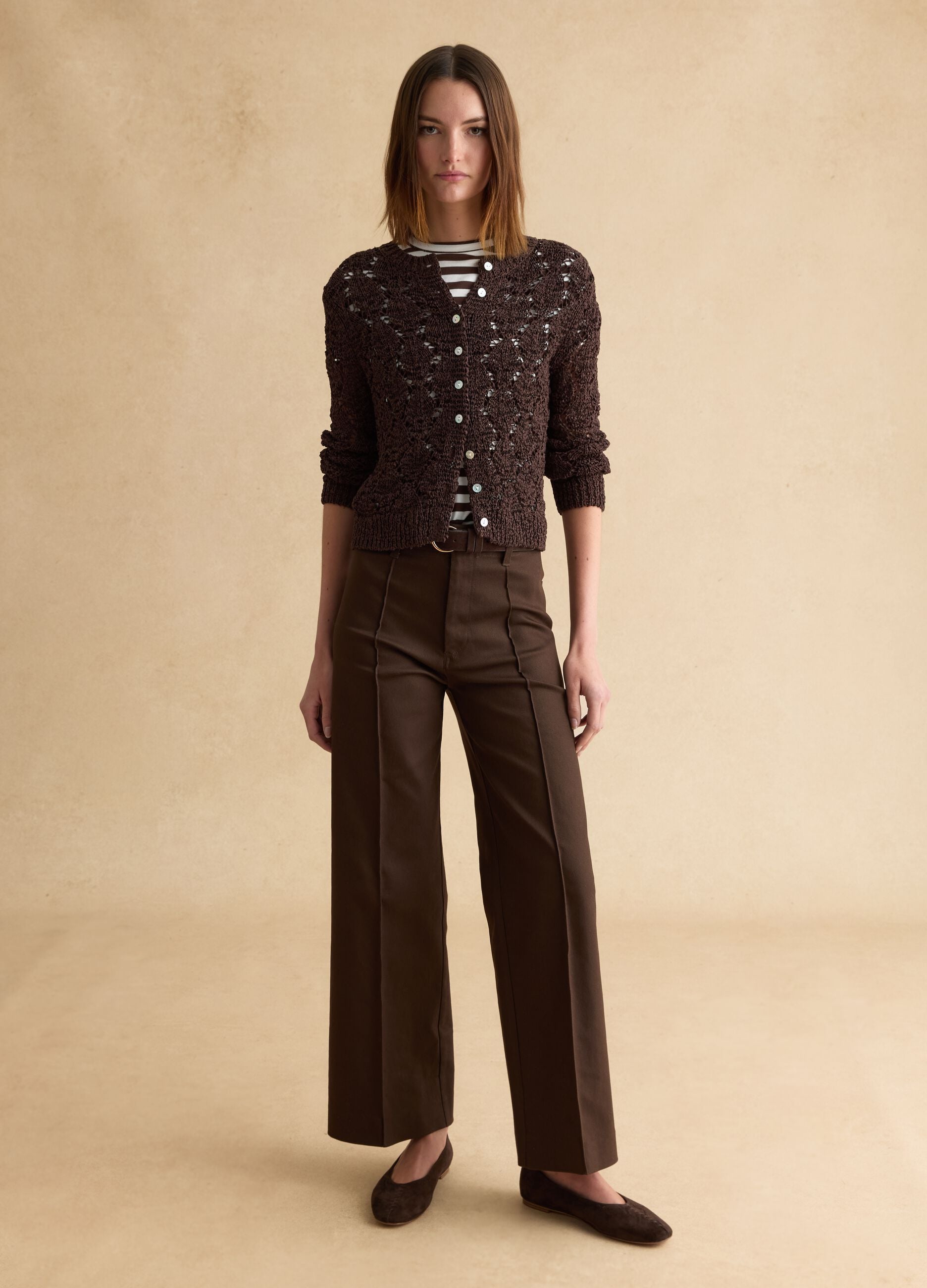 Brown cotton blend cardigan with regular fit and knitted design