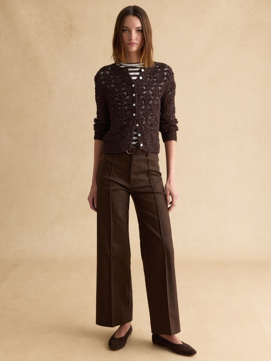 Brown cotton blend cardigan with regular fit and knitted design_2