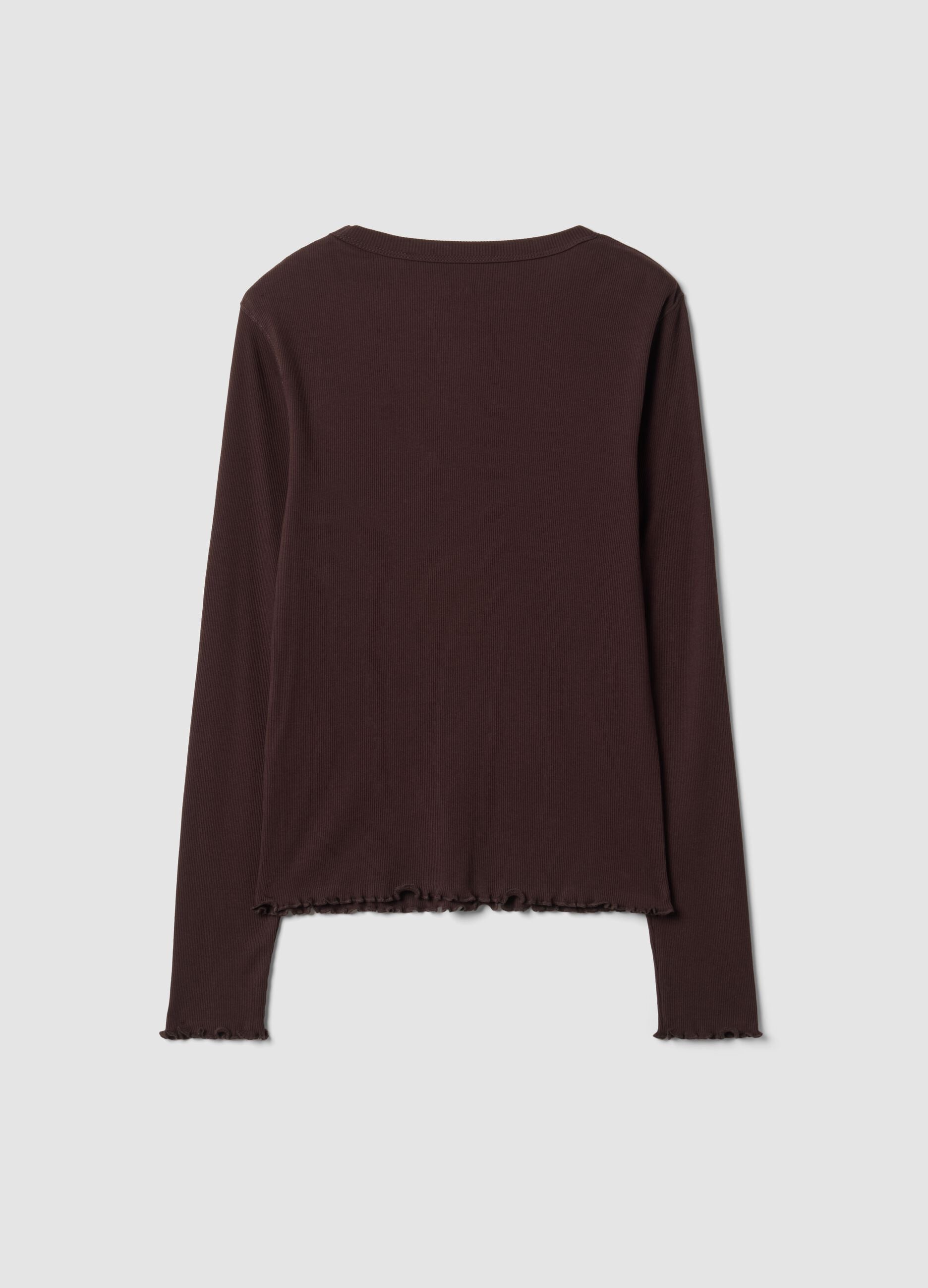 T-shirt marrone in puro cotone a maniche lunghe girocollo regular fit