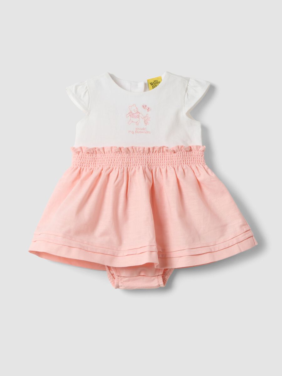 Pagliaccetto rosa in misto cotone e lino con ricamo Winnie The Pooh per neonata_0
