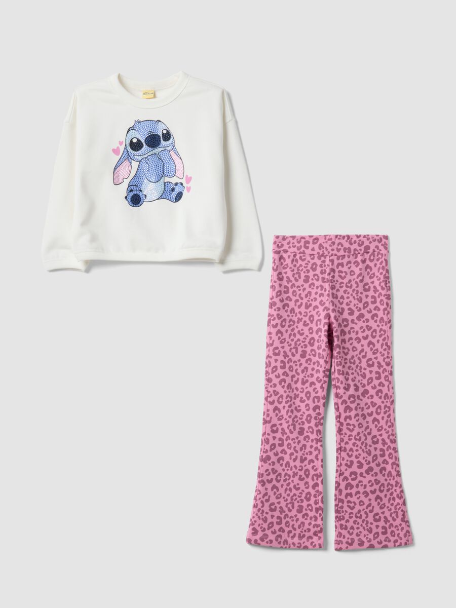 White and pink cotton-blend jogger set with Lilo & Stitch print for girls_0