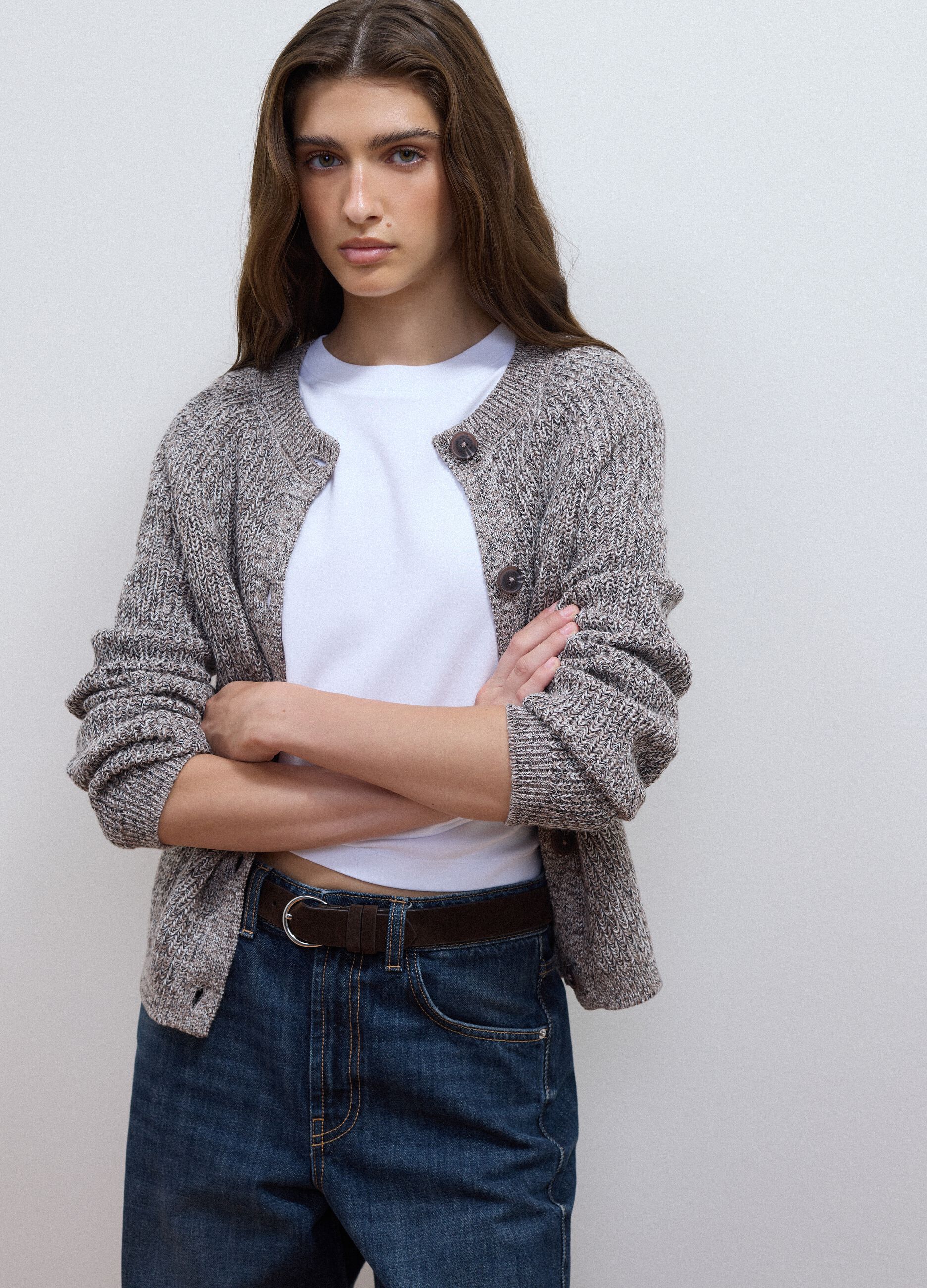 Grey pure cotton knit cardigan in regular fit