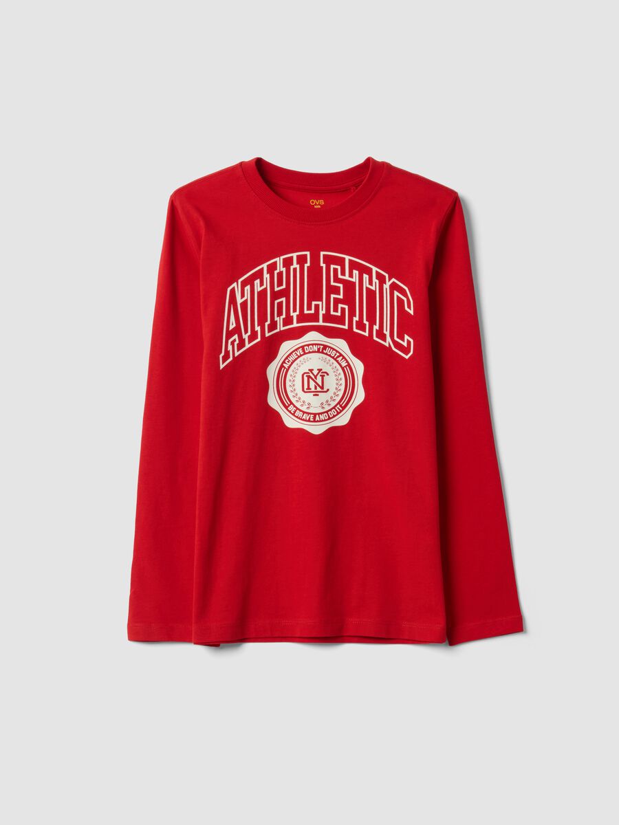T-shirt rossa in puro cotone organico con stampa grafica per ragazzo_3
