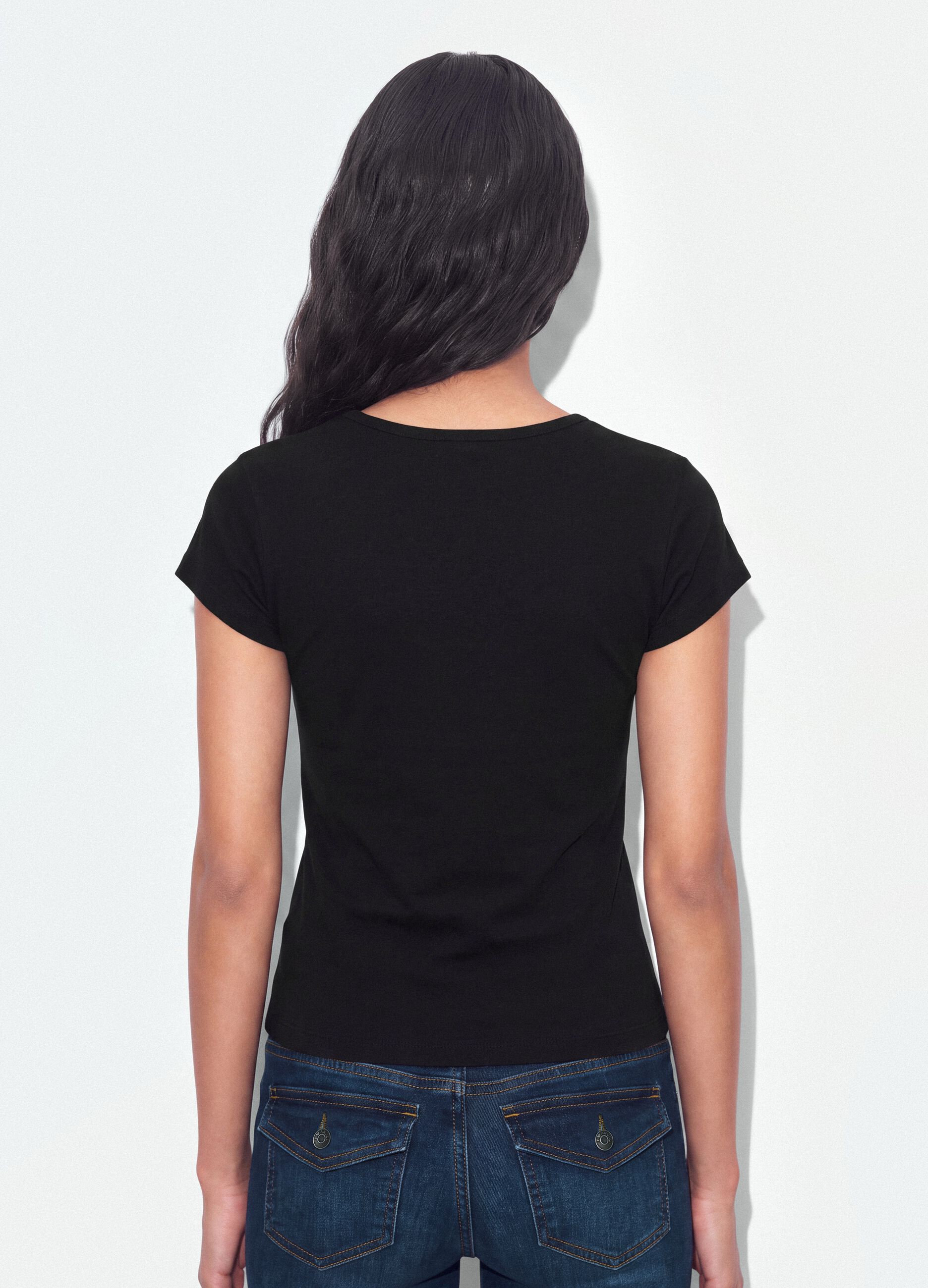 Black pure cotton crew-neck T-shirt with slogan