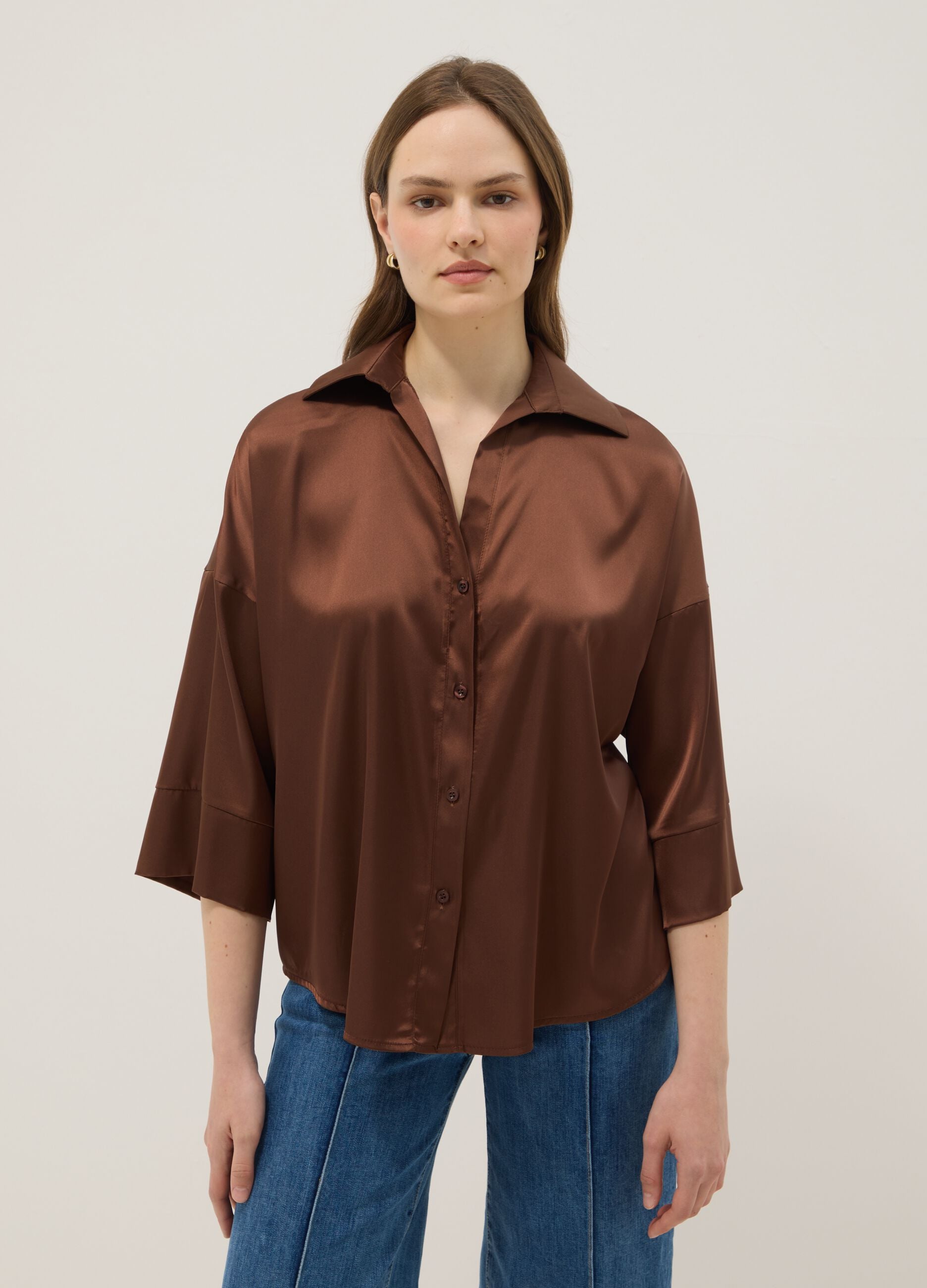 Brown Satin Regular Fit Blouse