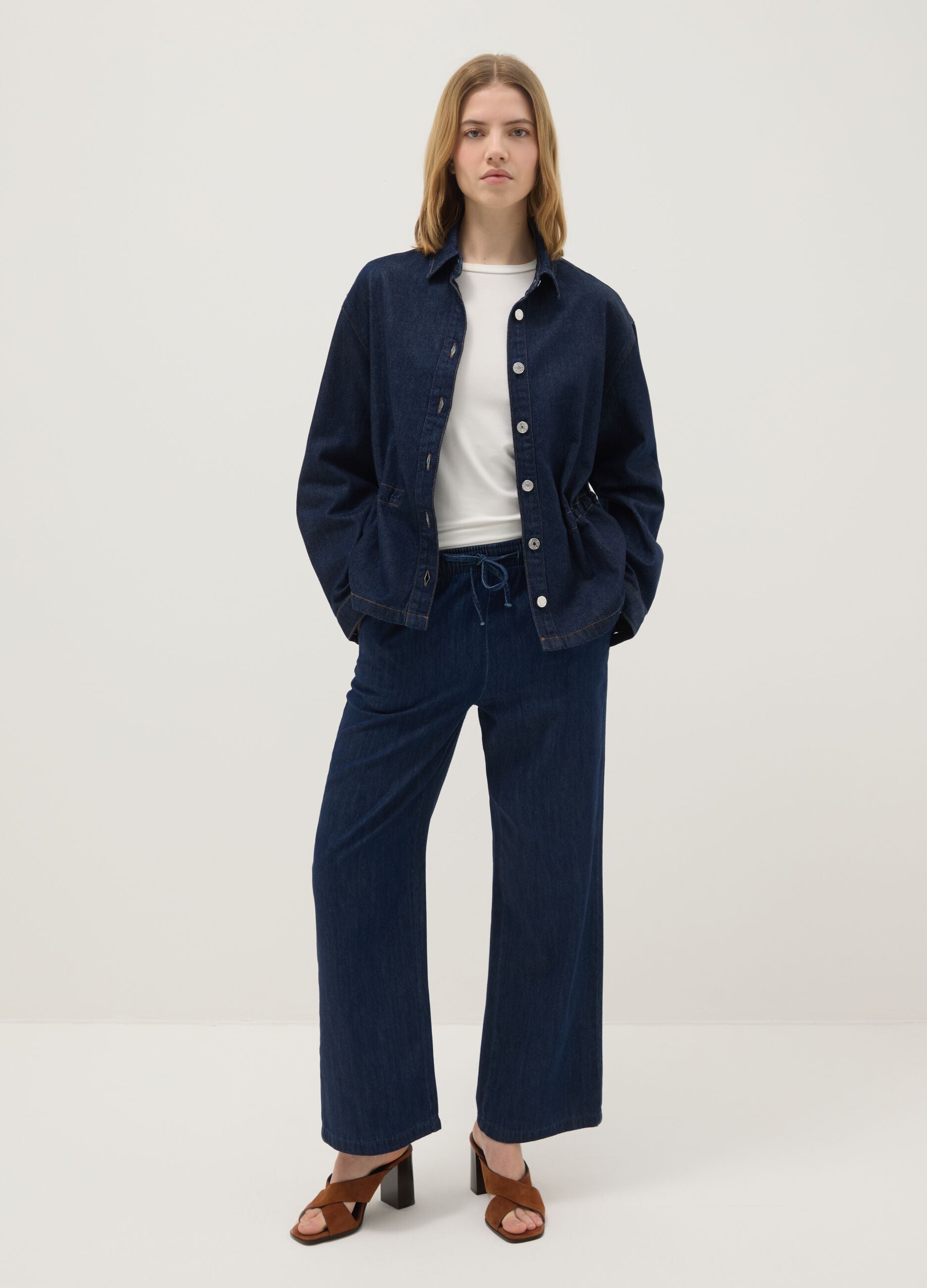 Wide-leg blue denim pure cotton trousers with elastic waist