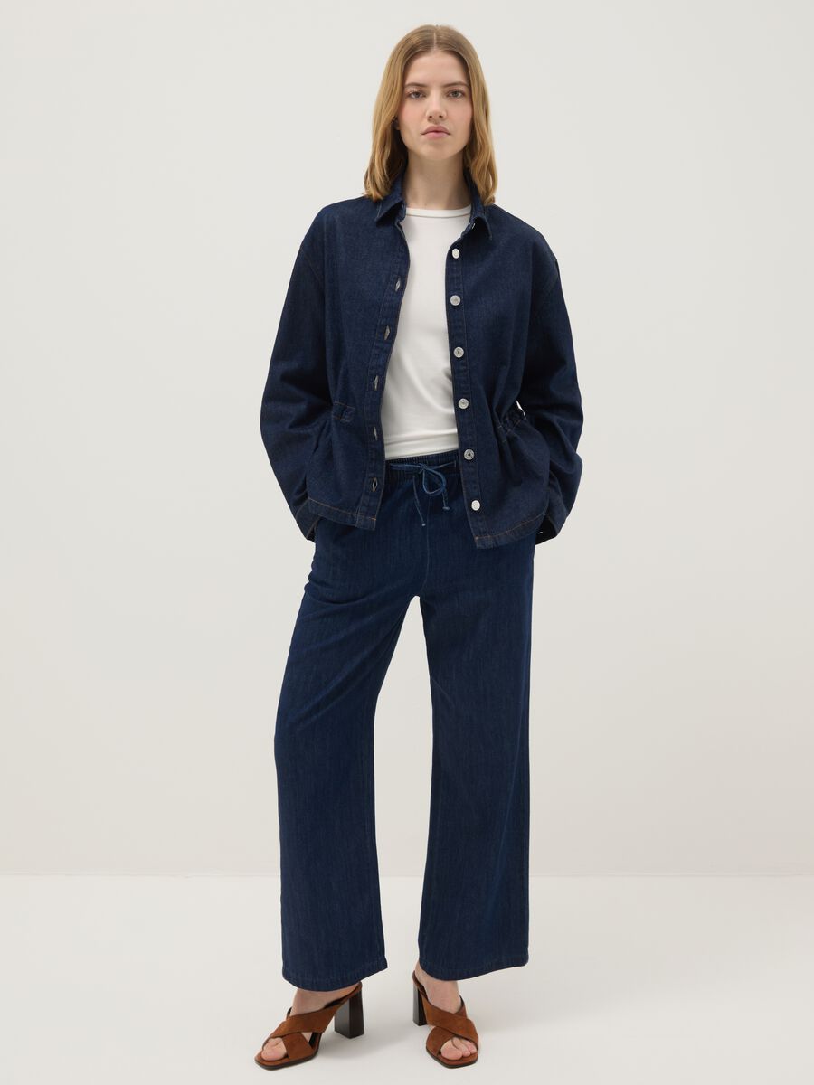 Wide-leg blue denim pure cotton trousers with elastic waist_0
