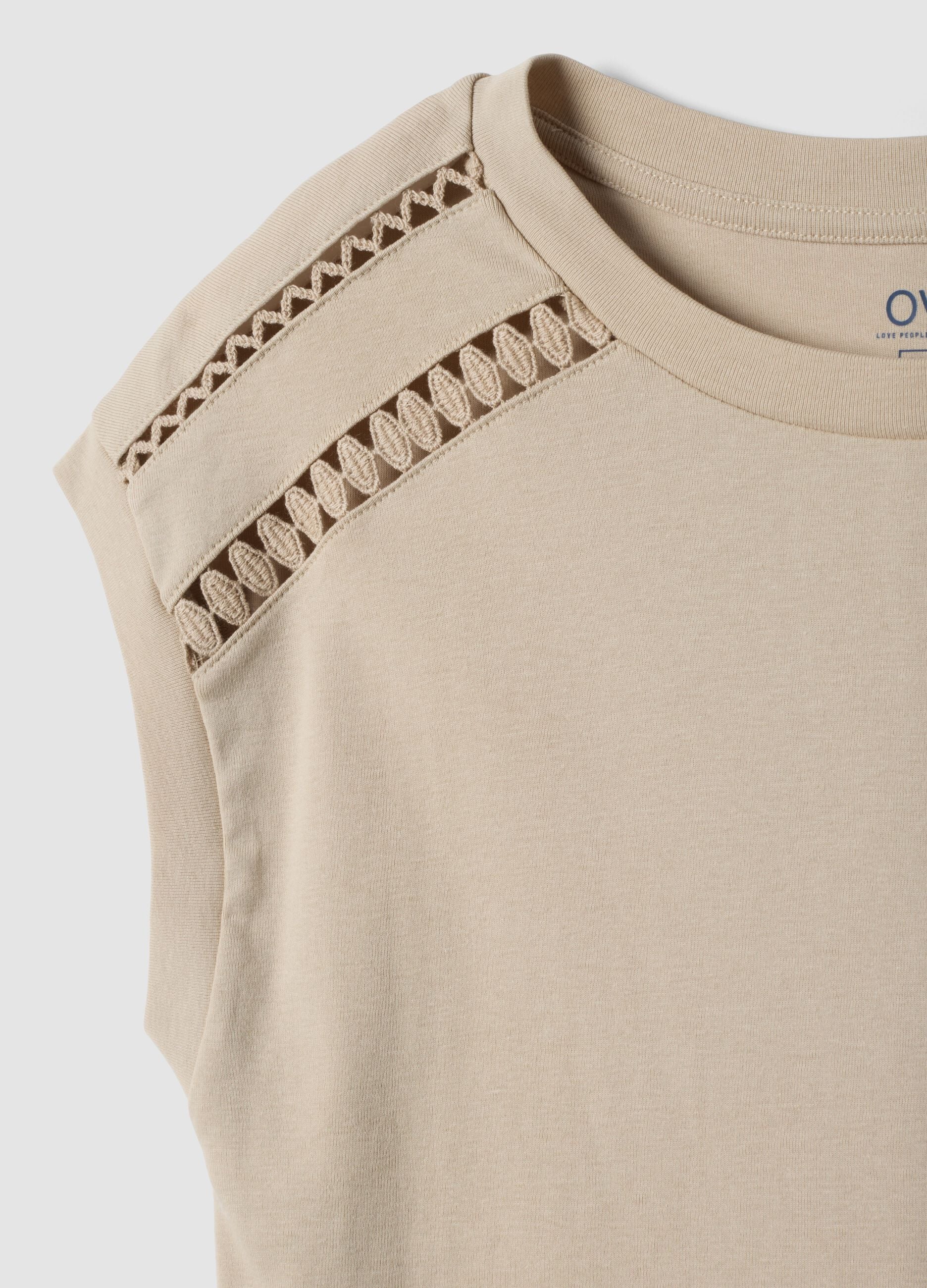 Beige pure cotton T-shirt with openwork inserts