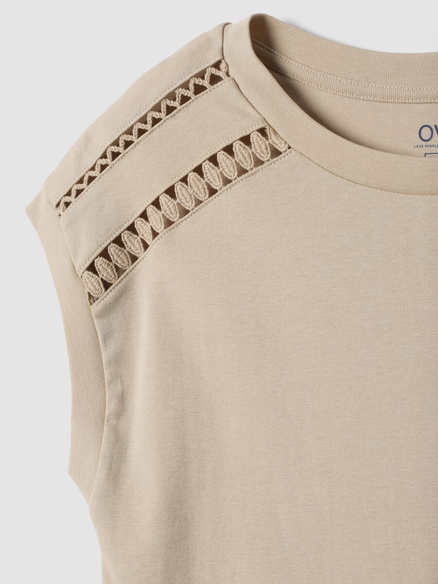 Beige pure cotton T-shirt with openwork inserts_5