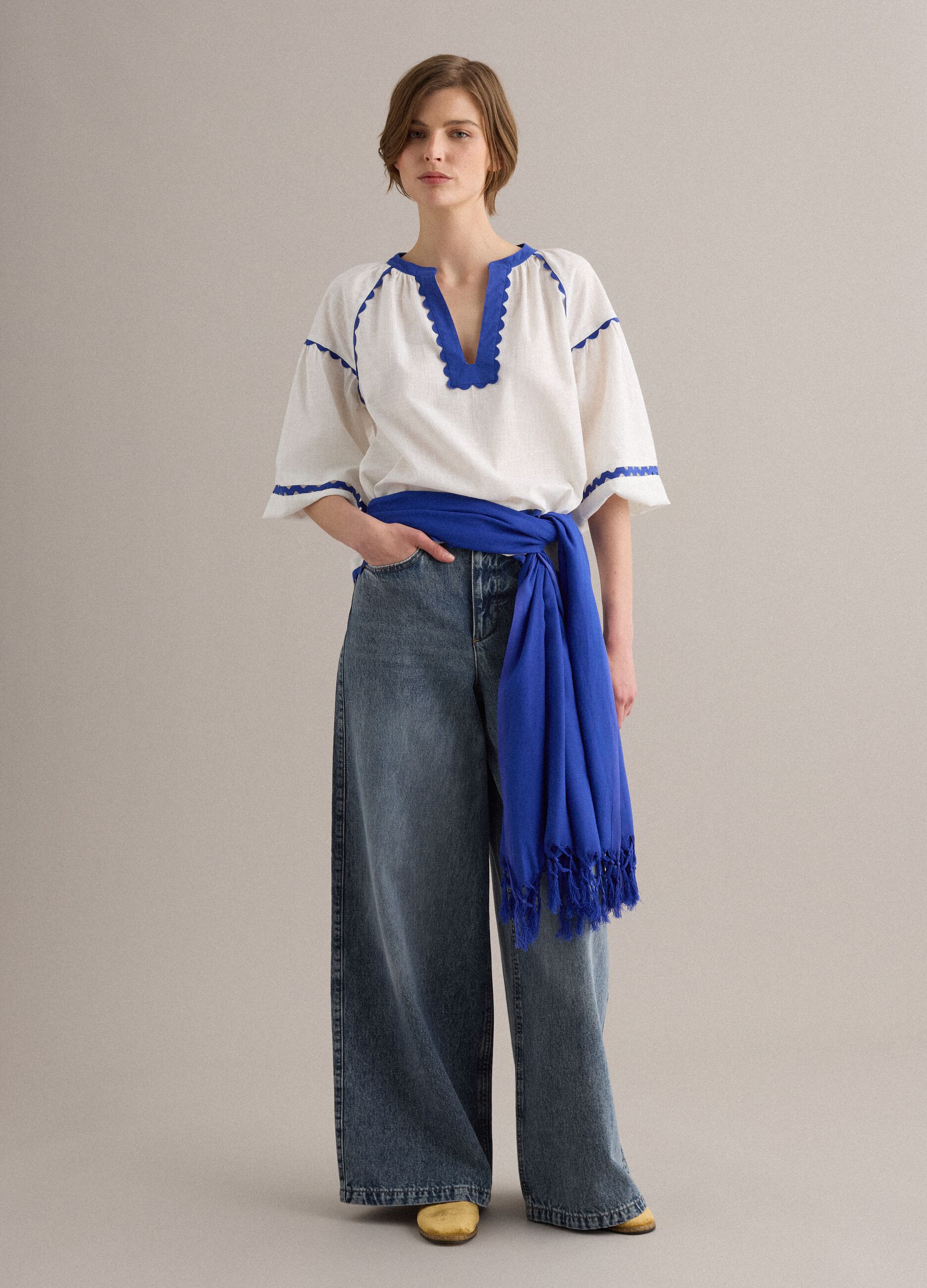 White pure cotton blouse with blue piping, regular fit