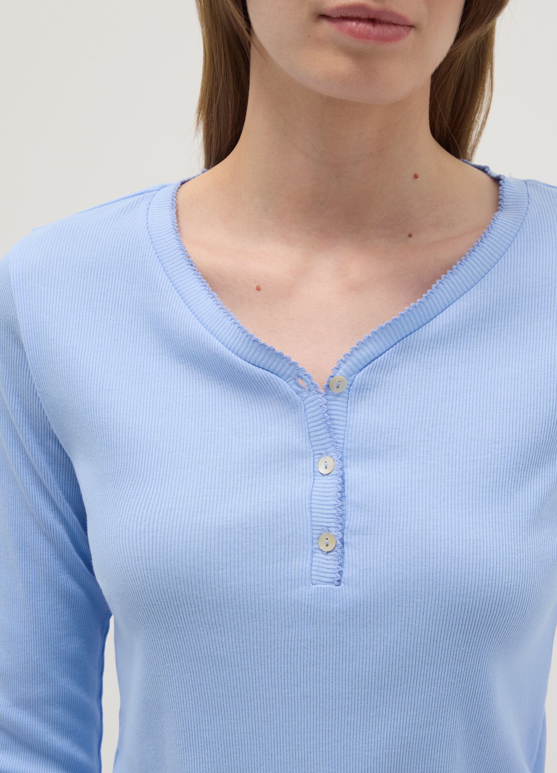 Pure cotton light blue regular fit pyjama top with Henley collar