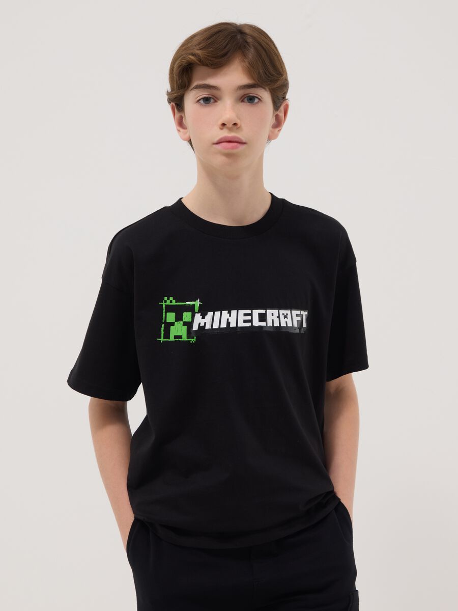 Boys' relaxed fit pure black cotton T-shirt with print_0