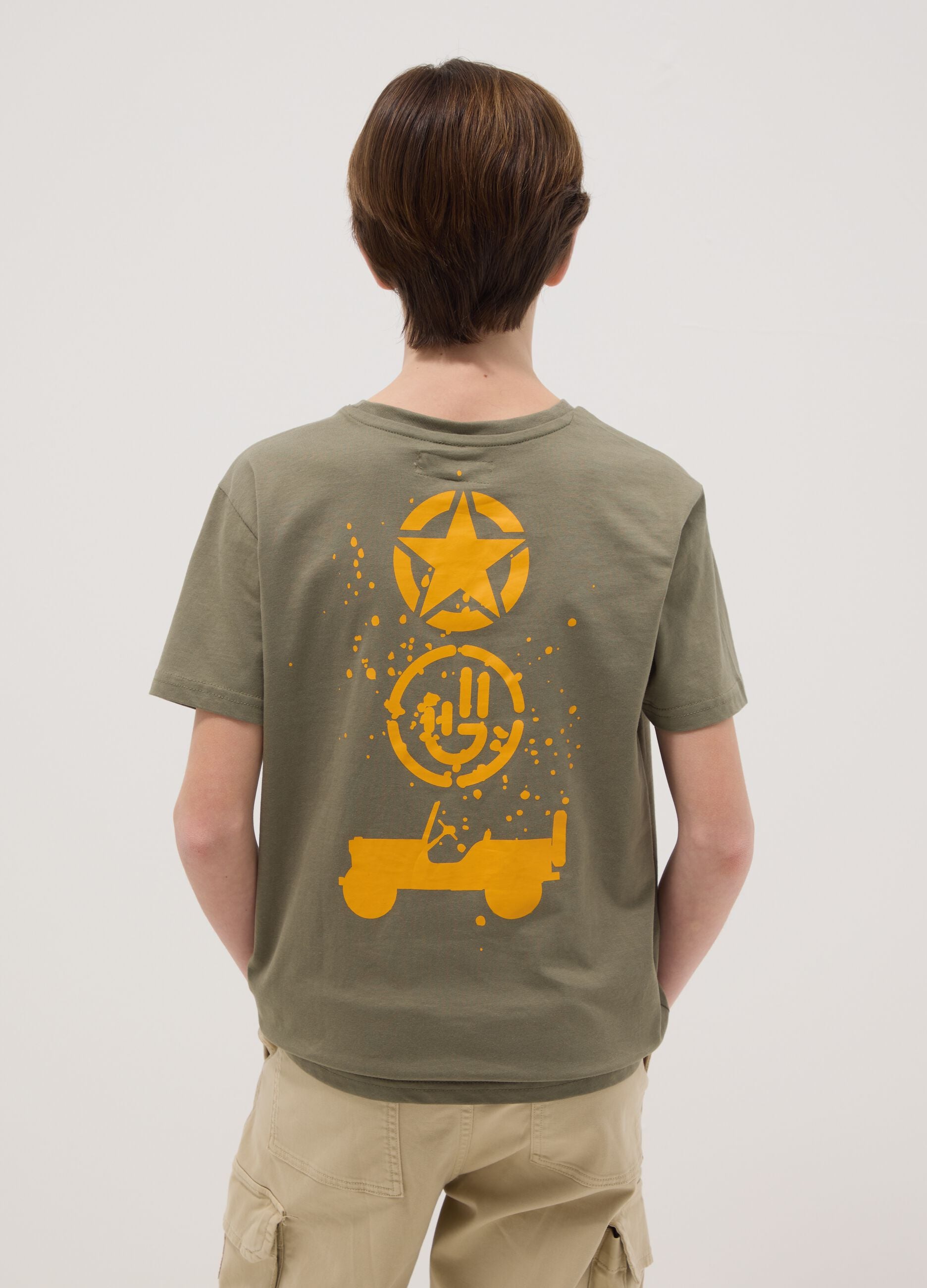 Green pure cotton regular fit children's T-shirt with print