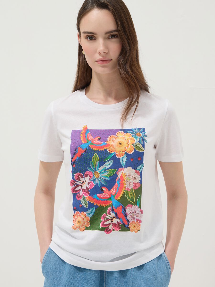 White pure cotton T-shirt with floral print_1