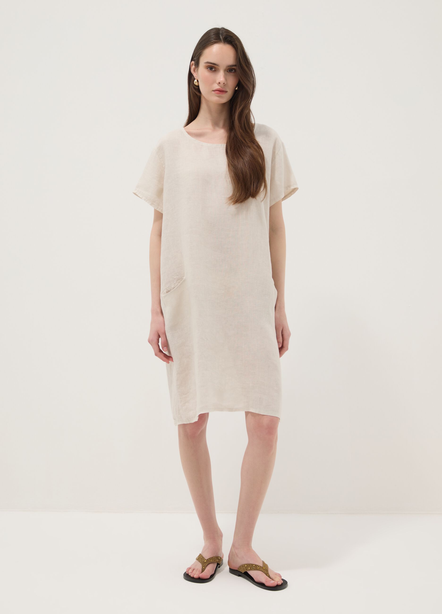 Beige pure linen dress with patch pockets, regular fit