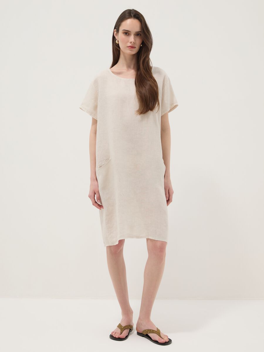 Beige pure linen dress with patch pockets, regular fit_1