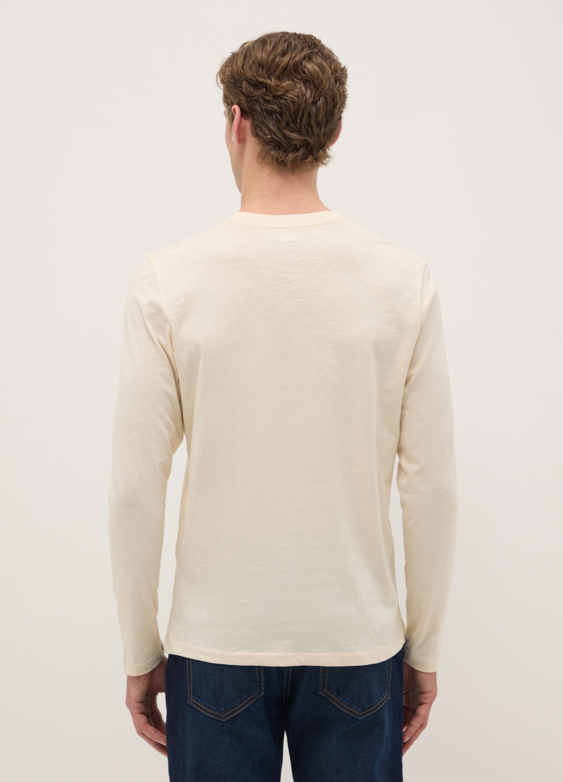 Beige long-sleeved T-shirt in pure cotton regular fit
