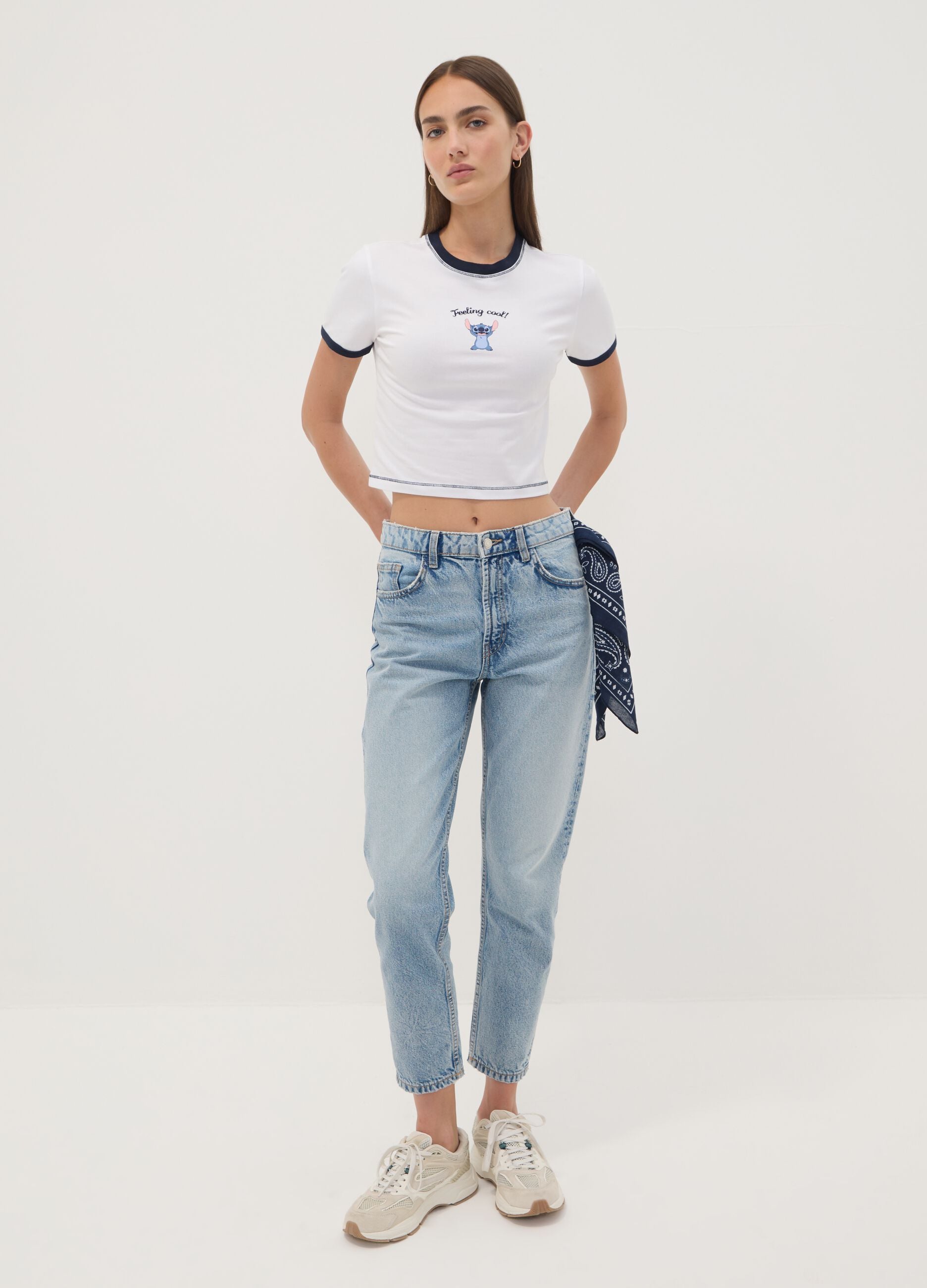 White stretch cotton T-shirt with Stitch print, regular fit