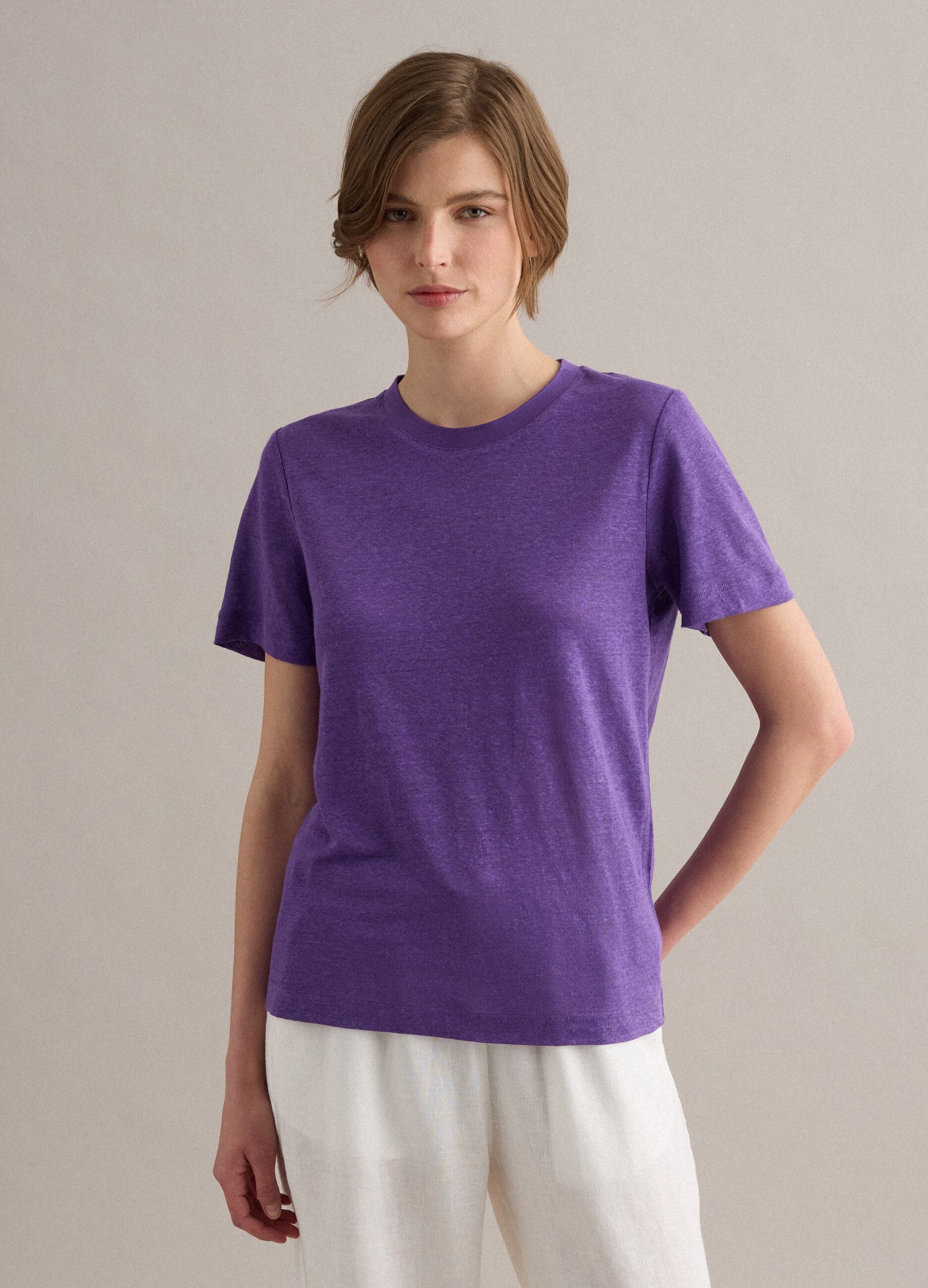 Purple pure linen regular-fit short-sleeve T-shirt